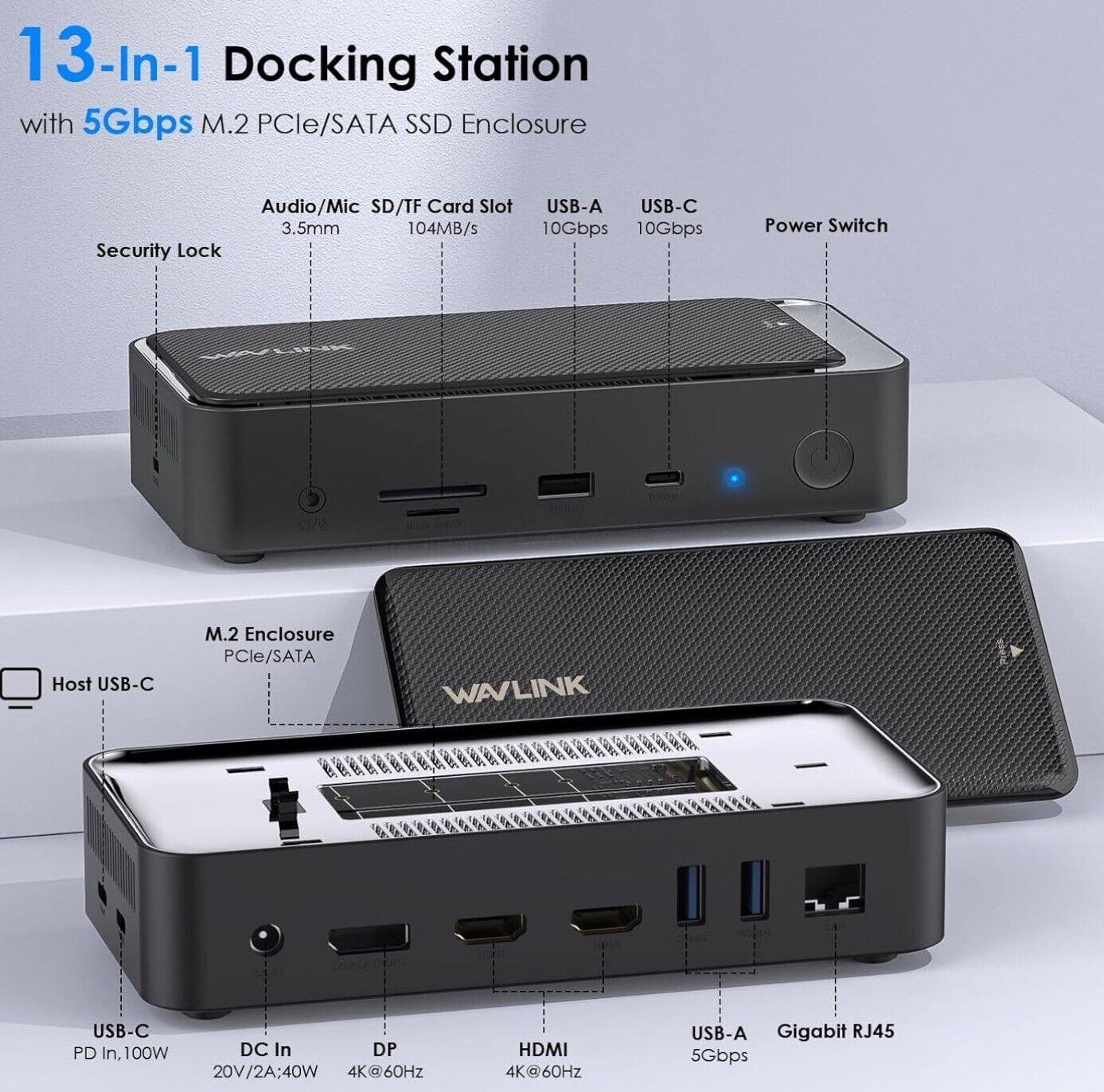WAVLINK USB C Docking 3 Monitore, Laptop 5Gbps M.2 PC PCIe/SATA SSD-Gehäuse