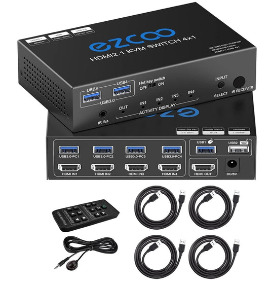 8K HDMI 2.1 KVM Switch 4 Ports USB3.0 4K@120Hz Hotkey 4 PCs - 1 Monitor