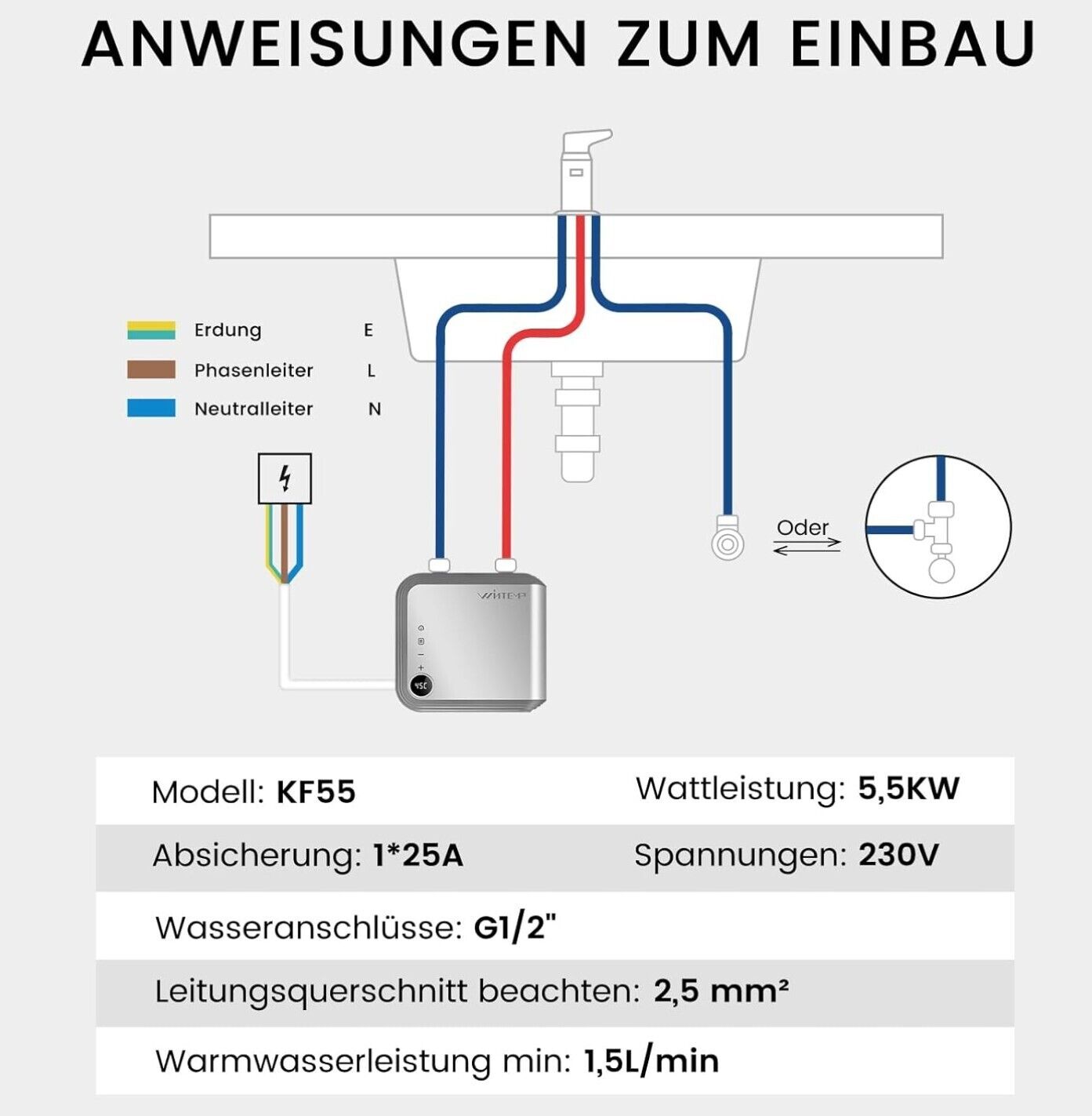 Elektrischer Durchlauferhitzer 5,5 KW 230V, Ohne Stecker, Kleiner Küchen-Durchla