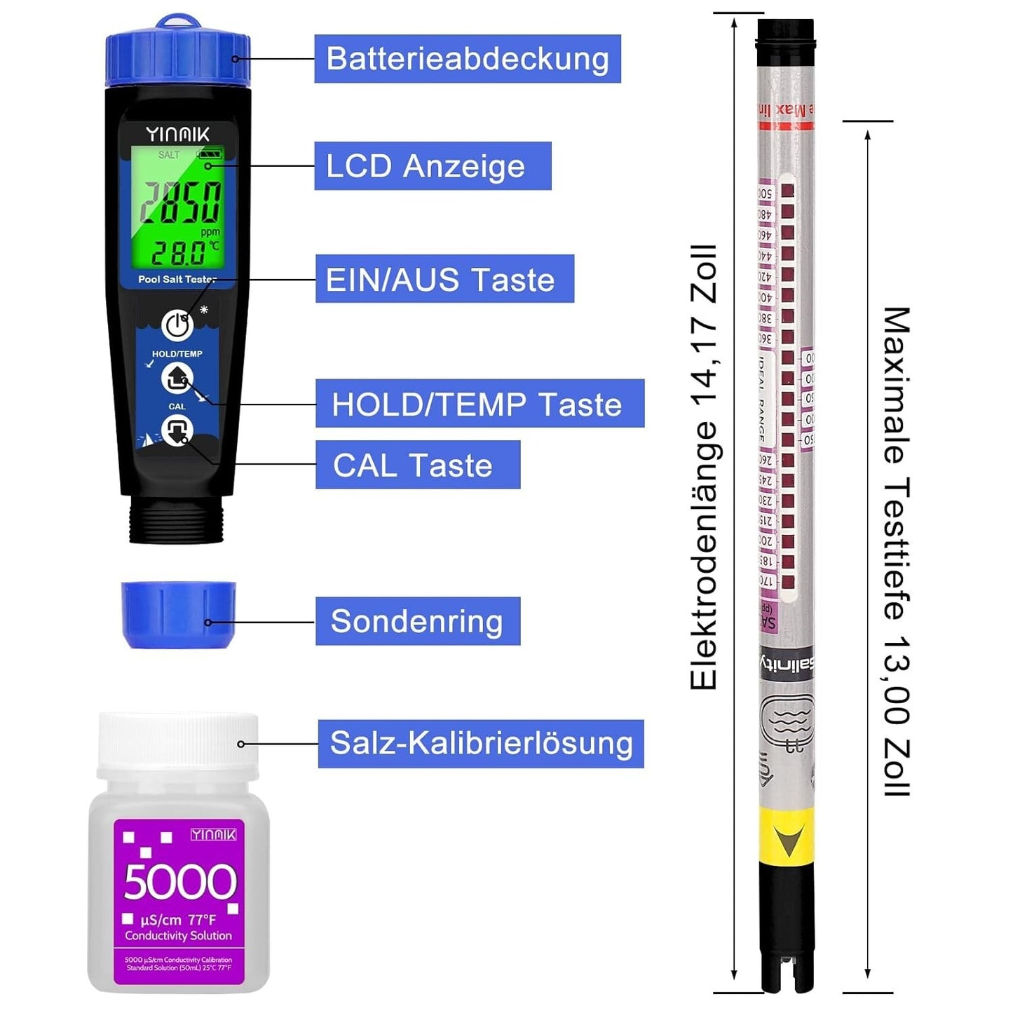 Pool Salzgehalt Testthermometer 5m Sonde LED LCD 2700-3400ppm