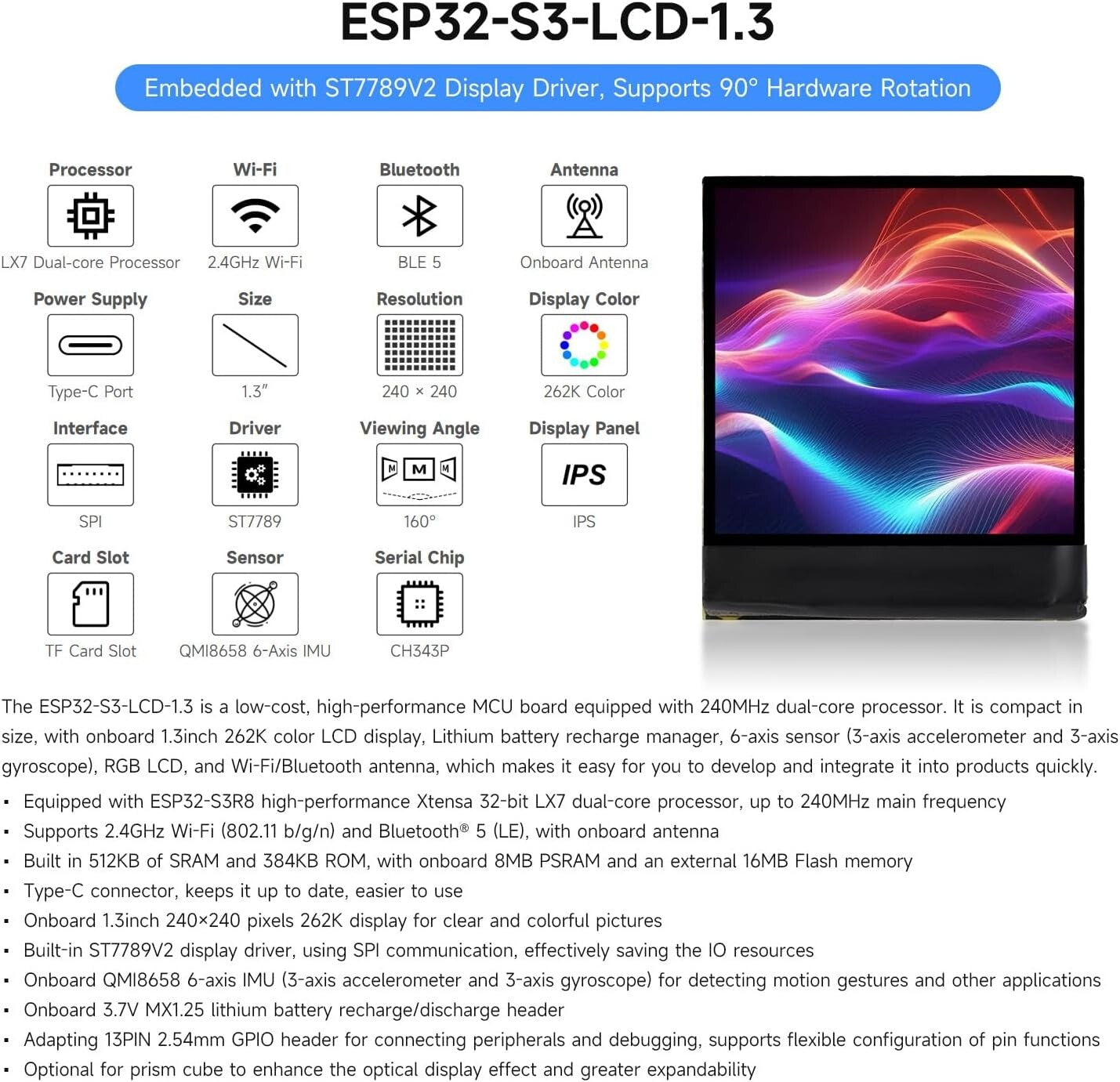 ESP32-S3 1.3" Display Board 240x240 SPI IMU WiFi/BT