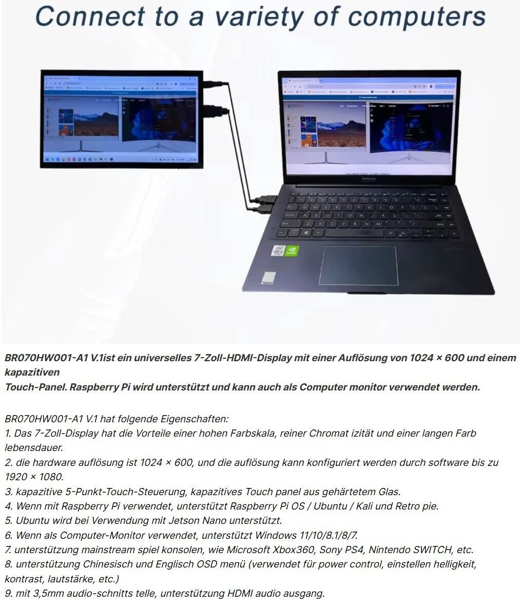 7 Zoll IPS HDMI RGB Touchscreen Modul 1024x600 für Raspberry Pi