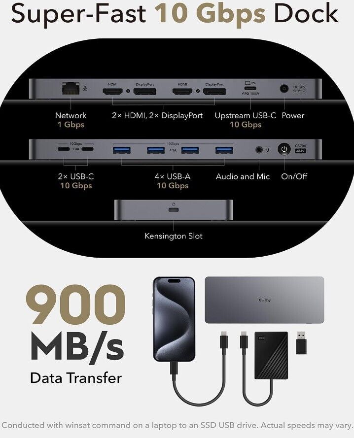 Cudy DisplayLink Dual 4K Universal USB C Dockingstation, 10 Gbit/s USB C, 100 Wa