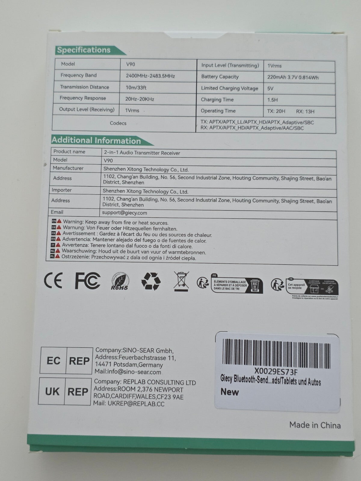 Bluetooth 2in1 Adapter 3,5mm Klinke OLED aptX Flugzeug Weiß