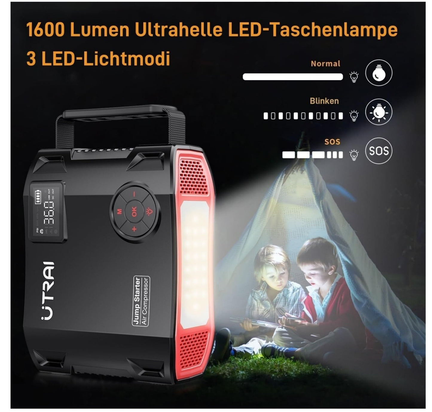 7000A Starthilfe Powerbank 27000mAh Kompressor 1600lm LED QC3.0