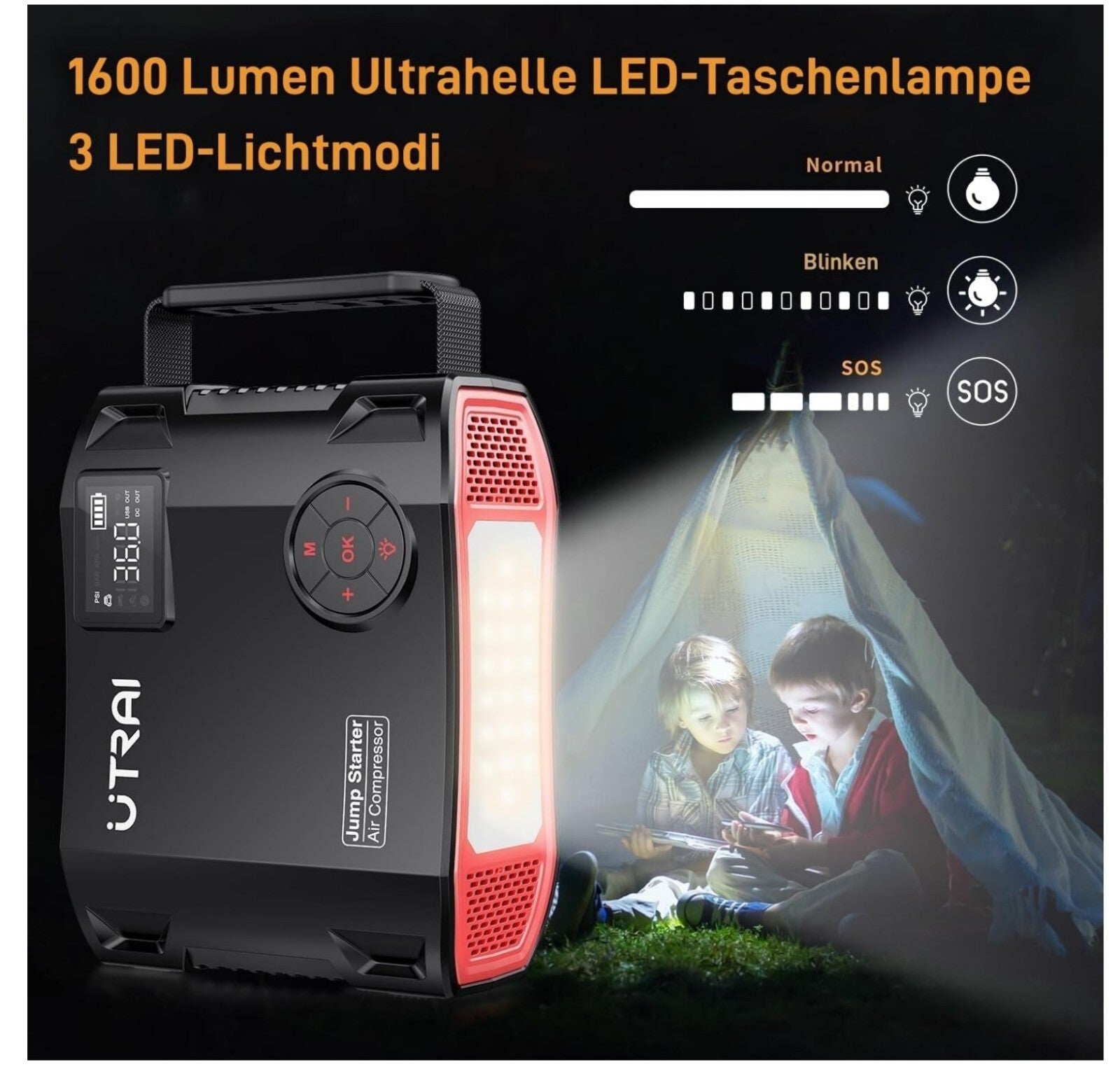 7000A Starthilfe Powerbank 27000mAh Kompressor 1600lm LED QC3.0