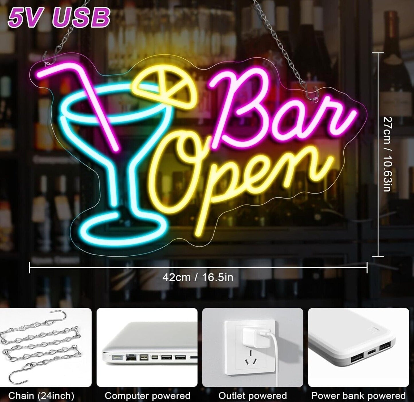 Bar Open Neon Schild Cocktail USB Dimmbar Deko