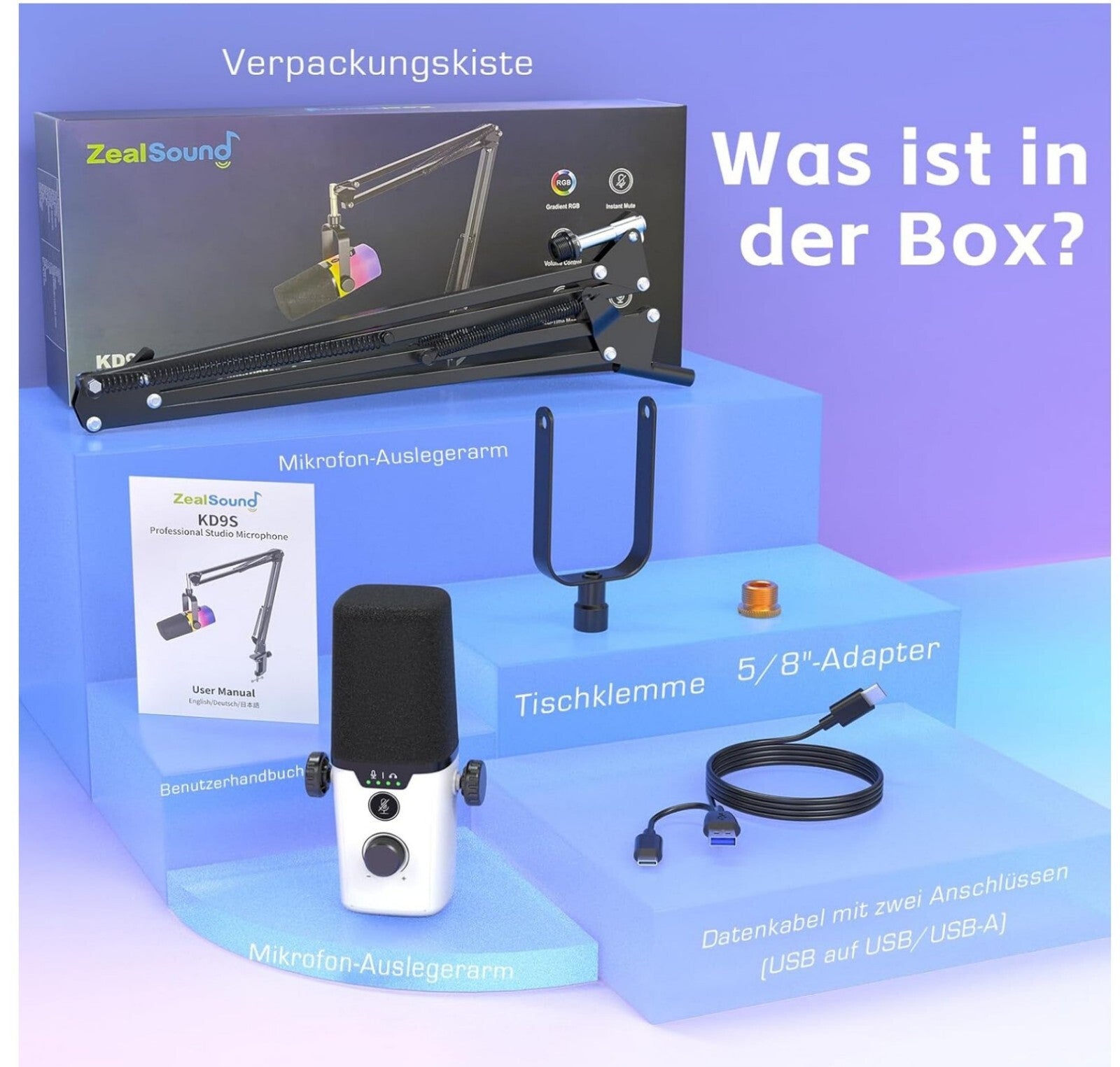 KD9S USB Mikrofon mit RGB, Boomarm, Nierencharakteristik für PC, Handy, PS5 – Id