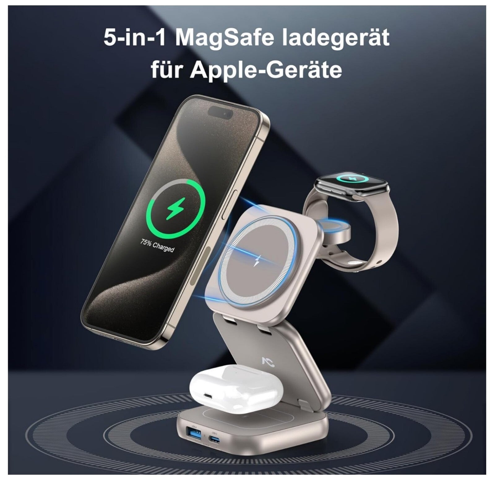 5-in-1 MagSafe Ladestation Faltbar iPhone 16-12 Watch AirPods Titan