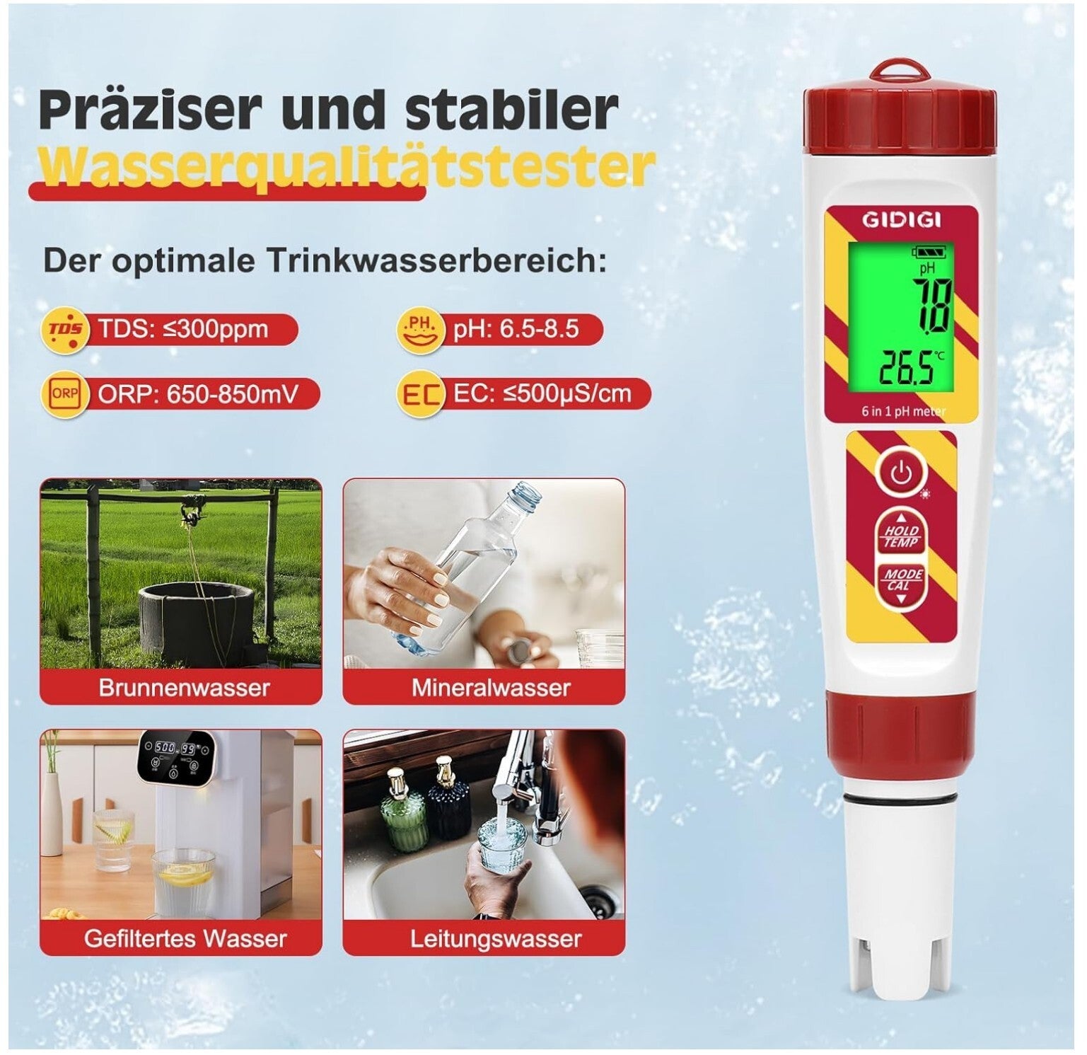 6-in-1 pH ORP Salzmessgerät Pool Aquarium TDS EC 222mV
