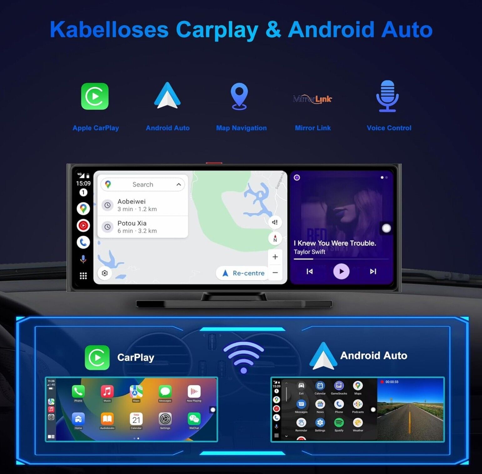 10.26” Wireless Carplay Screen, Tragbares kompatibel Apple Carplay Android Auto