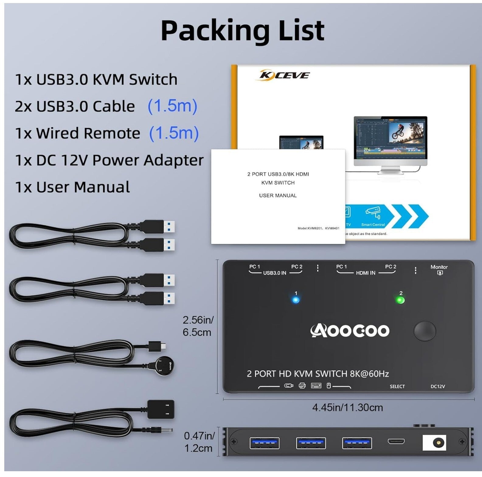8K HDMI KVM Switch 2 PC 1 Monitor USB3.0 Fernbedienung Neu
