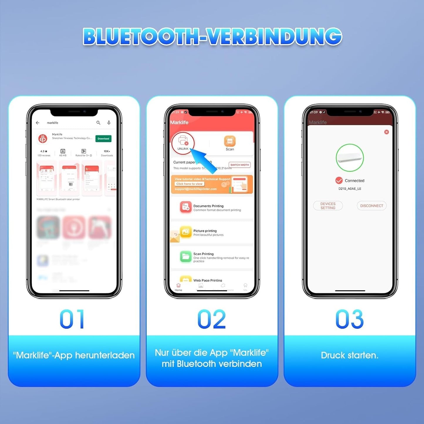 D210 A4 Thermodrucker Bluetooth Schwarz für iOS/Android