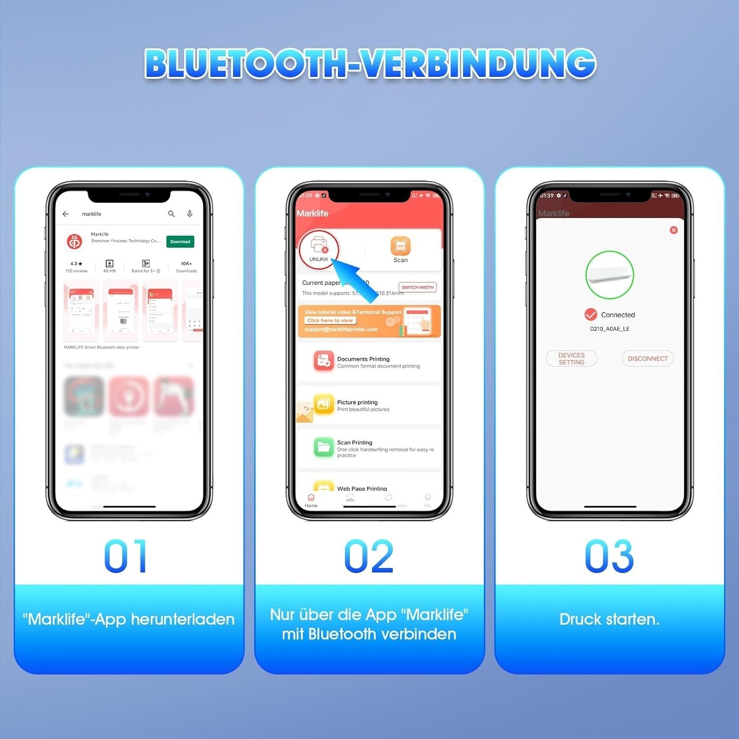 D210 A4 Thermodrucker Bluetooth Schwarz für iOS/Android