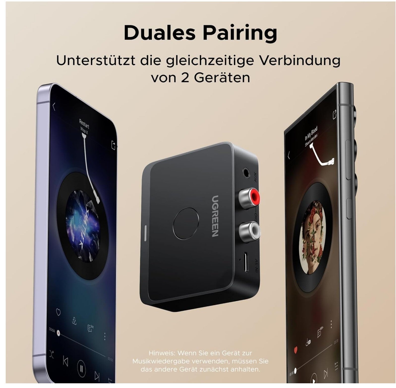 UGREEN Bluetooth 6.0 Adapter mit LDAC, Hi-Res Audio, Aux/RCA für Stereoanlage, V
