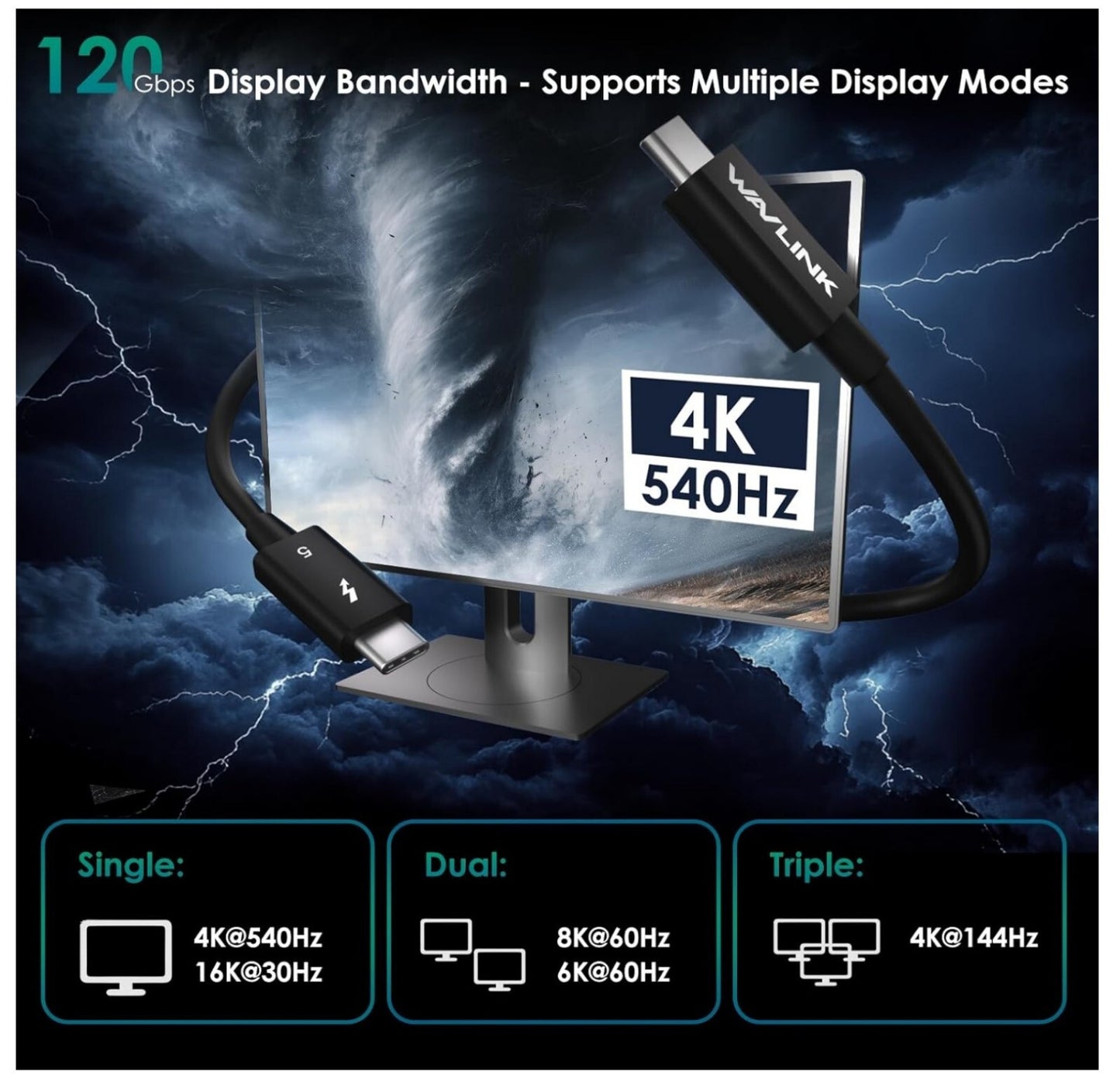 WAVLINK Thunderbolt 5 Kabel 120Gbps 240W USB-C 8K/16K 0,8m
