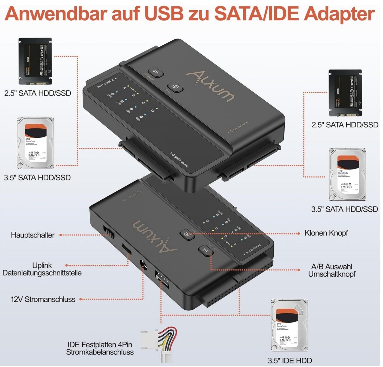 IIDE/SATA Adapter USB-C 5Gbps mit Offline-Klon, für 2.5"/3.5" HDD/SSD