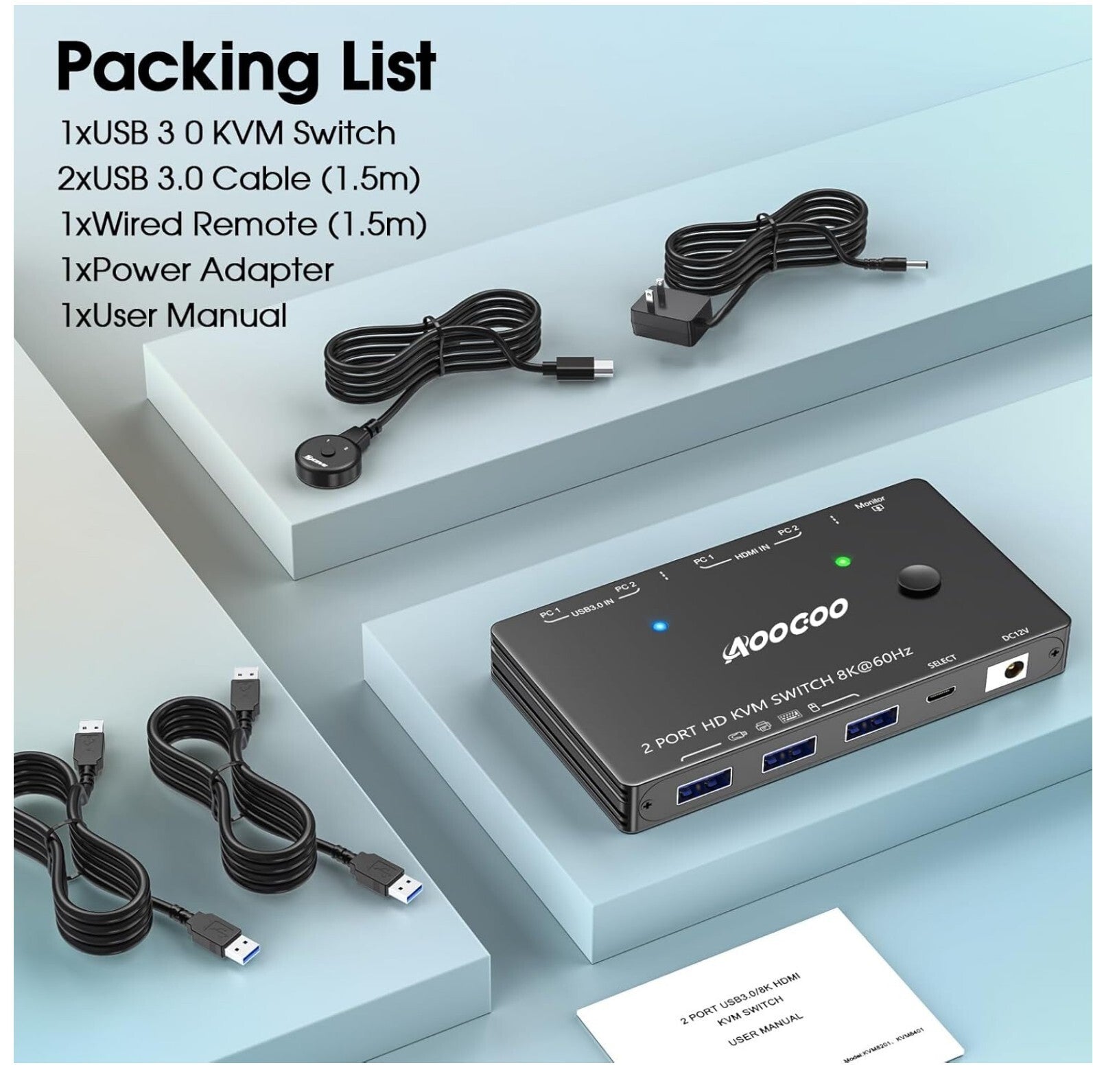 8K HDMI KVM Switch 2 PC 1 Monitor USB3.0 mit Fernbedienung