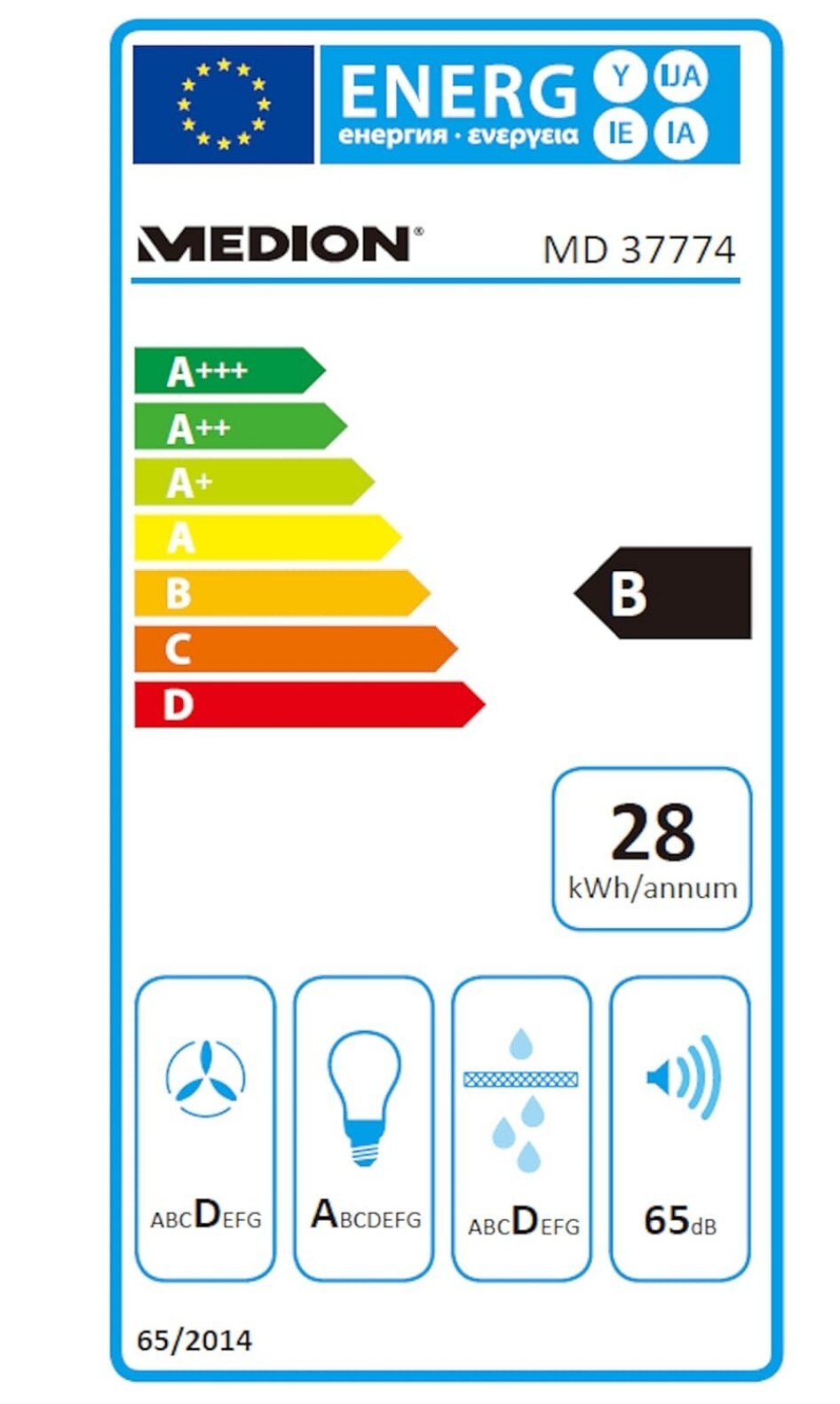 MEDION Kopffreie Dunstabzugshaube 60cm Glas 320m³/h Touch LED Schwarz