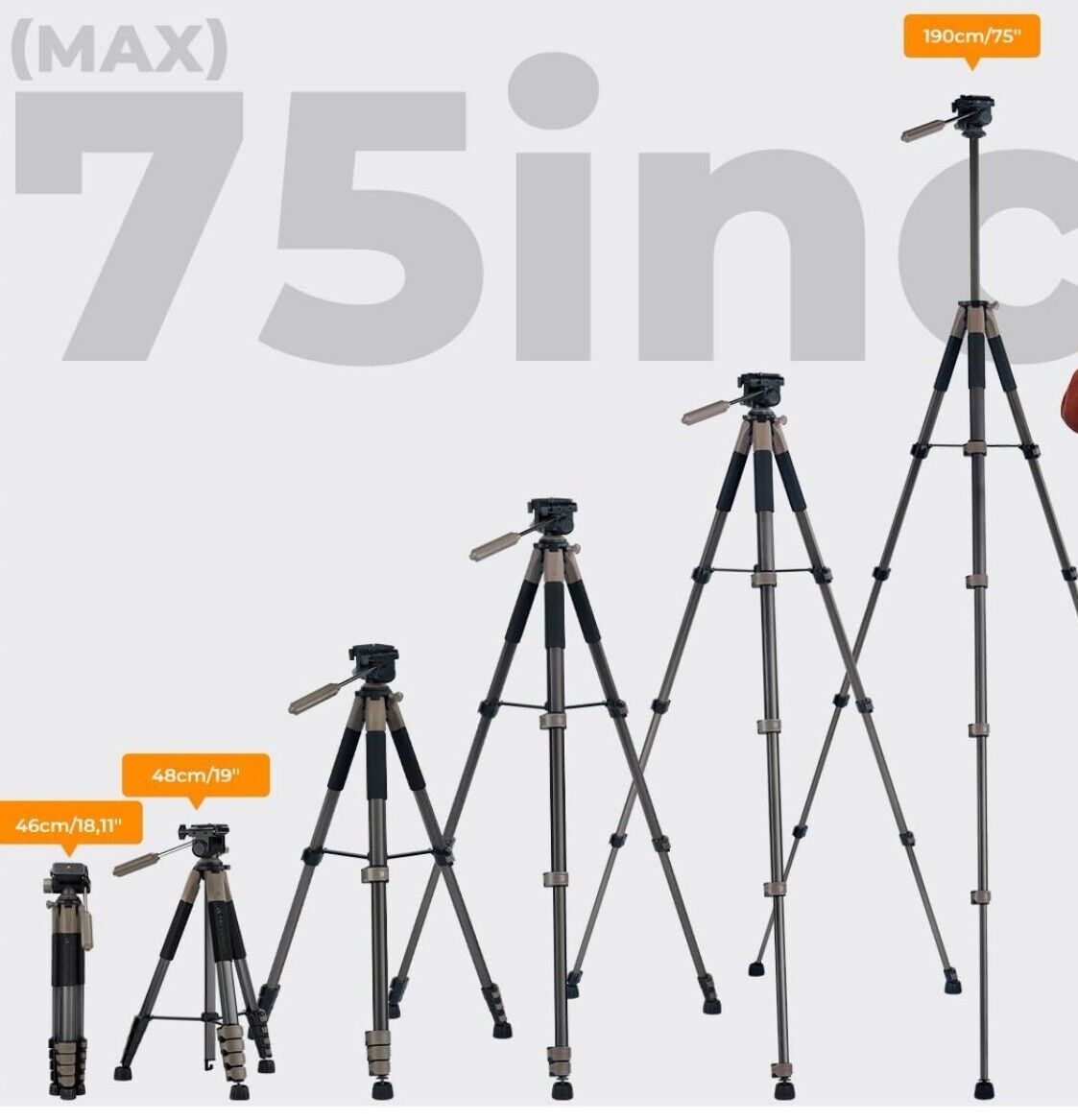 Kamerastativ von 46 cm bis 190 cm Höhe verstellbar Leicht Grau mit Tasche