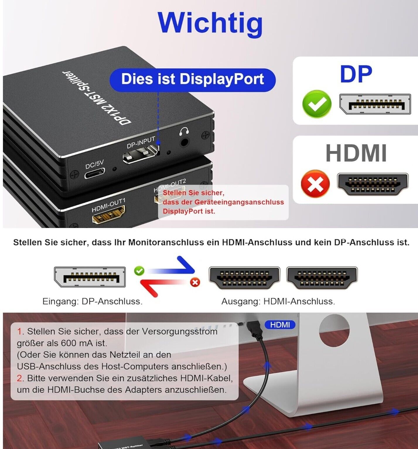 DisplayPort zu Dual HDMI Adapter 4K@60Hz für 2 Monitore