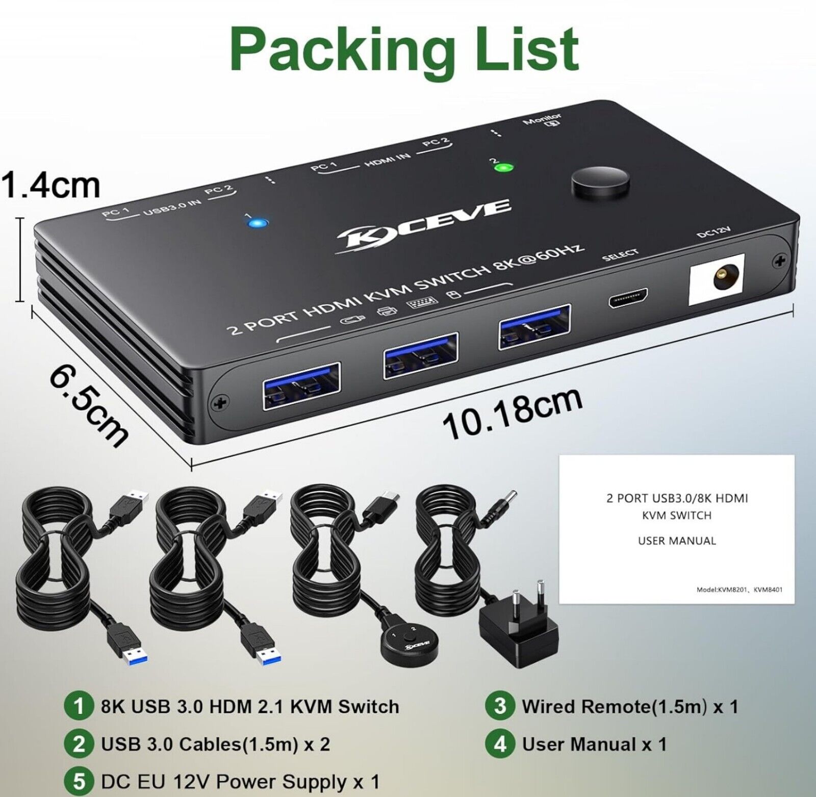 KVM Switch 2 PC 1 Monitor HDMI 8K@60Hz 4K@120Hz 2K@144Hz USB 3.0