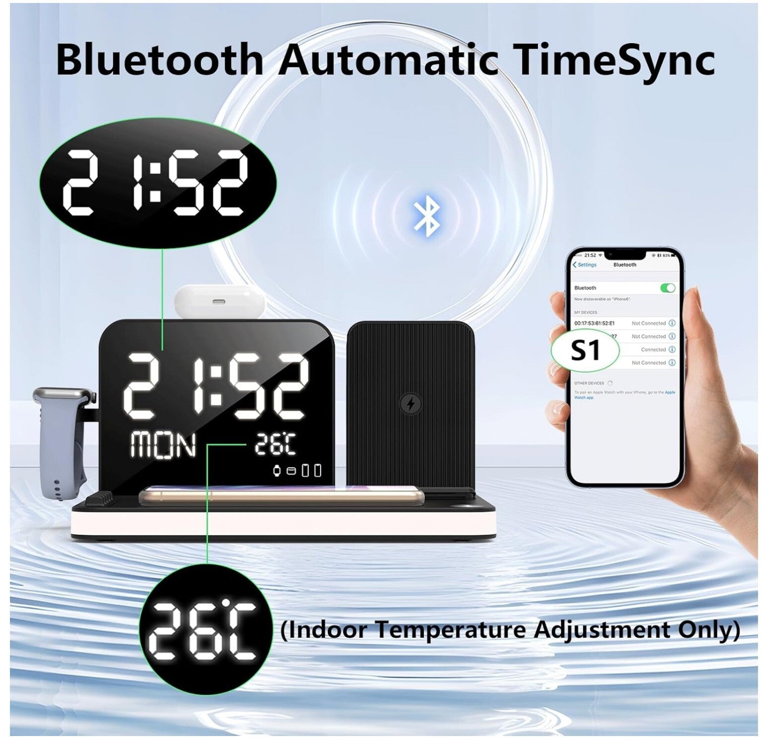 7-in-1 Wireless Ladestation mit Smart-Clock & Nachttischlicht Schwarz