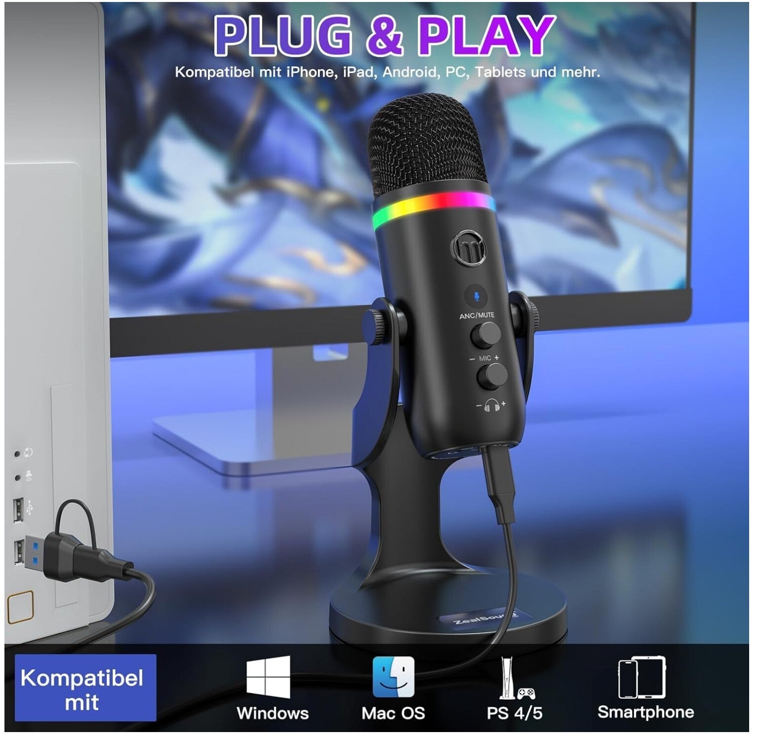 USB-Mikrofon K66 Pro mit ANC, RGB, Plug & Play für Streaming & Podcast