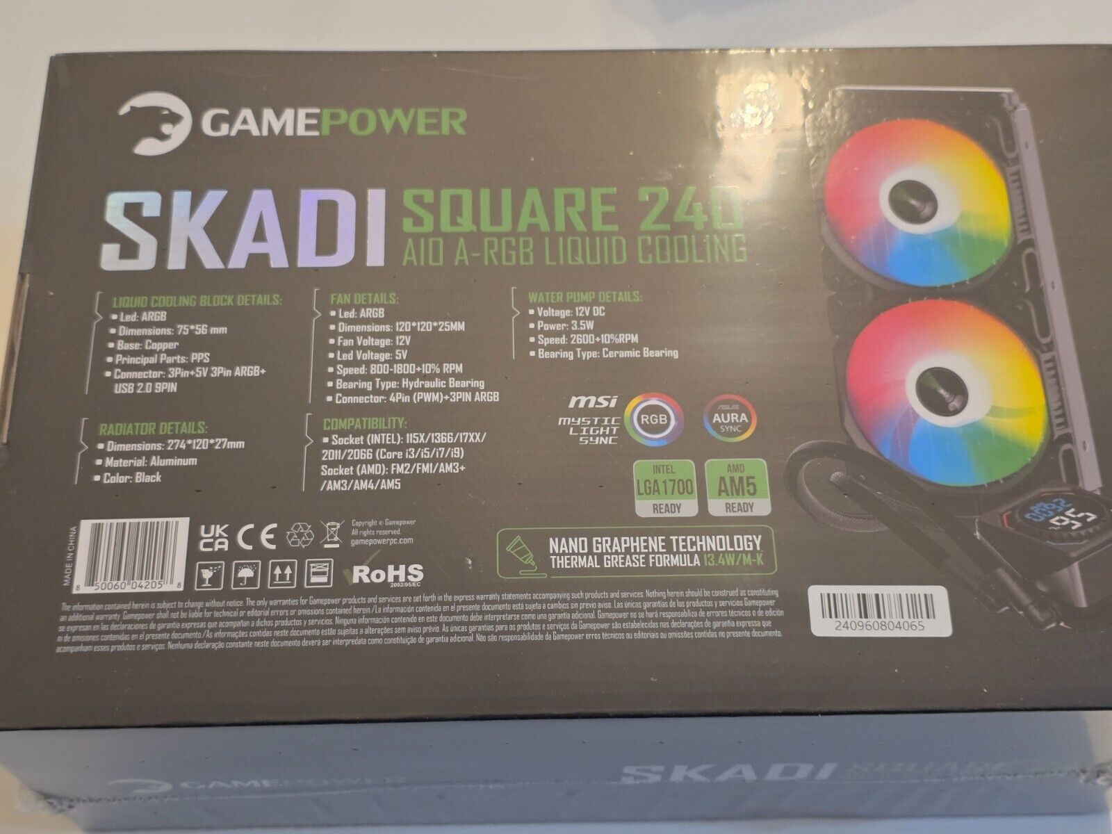 Skadi Square Wasserkühlung, 240mm AIO, Flüssigkeitskühler, 2x ARGB PWM Lüfter, K