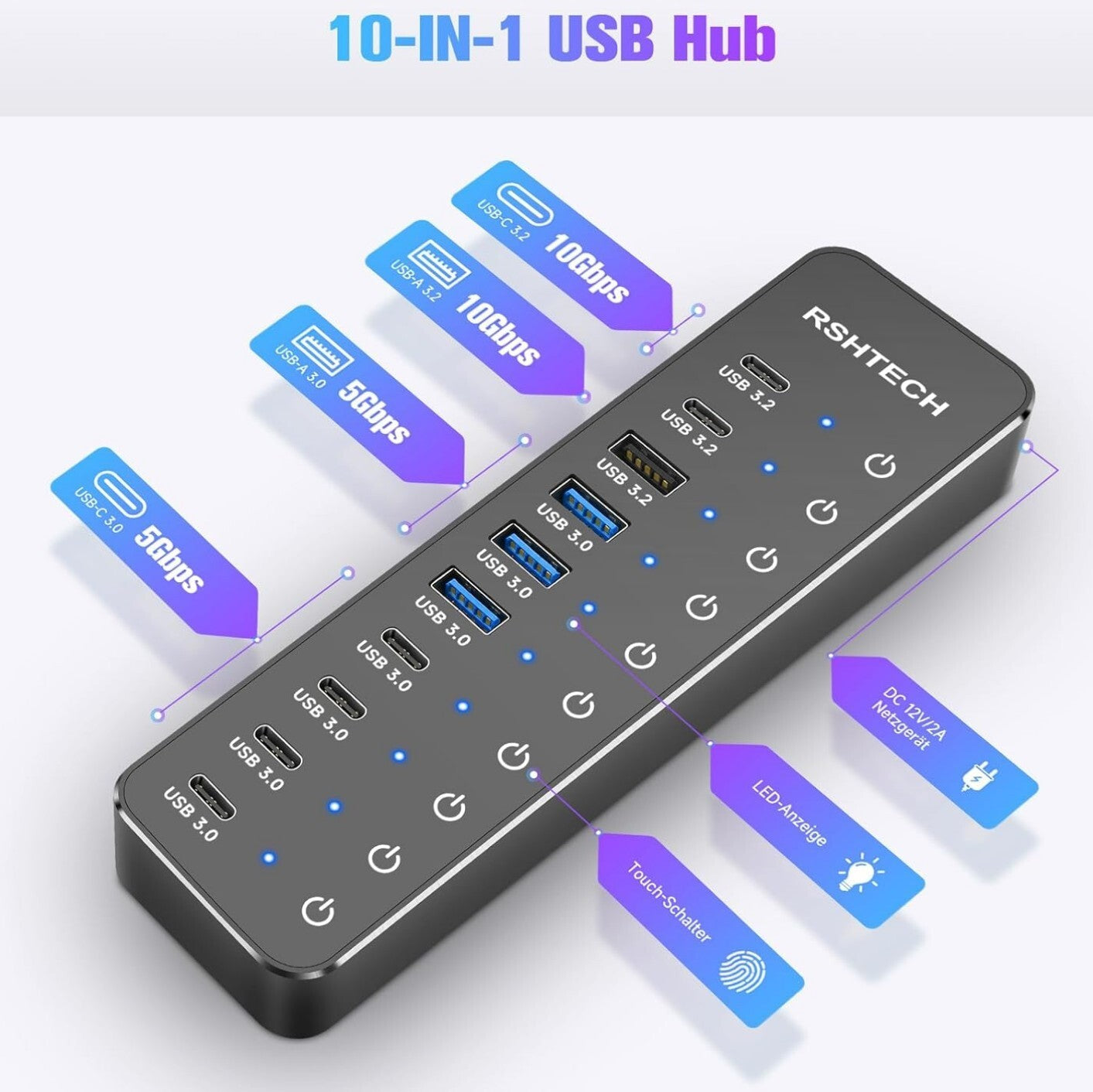 10-Port USB-C Hub 3.2/3.0 mit 60W Netzteil 1m Kabel