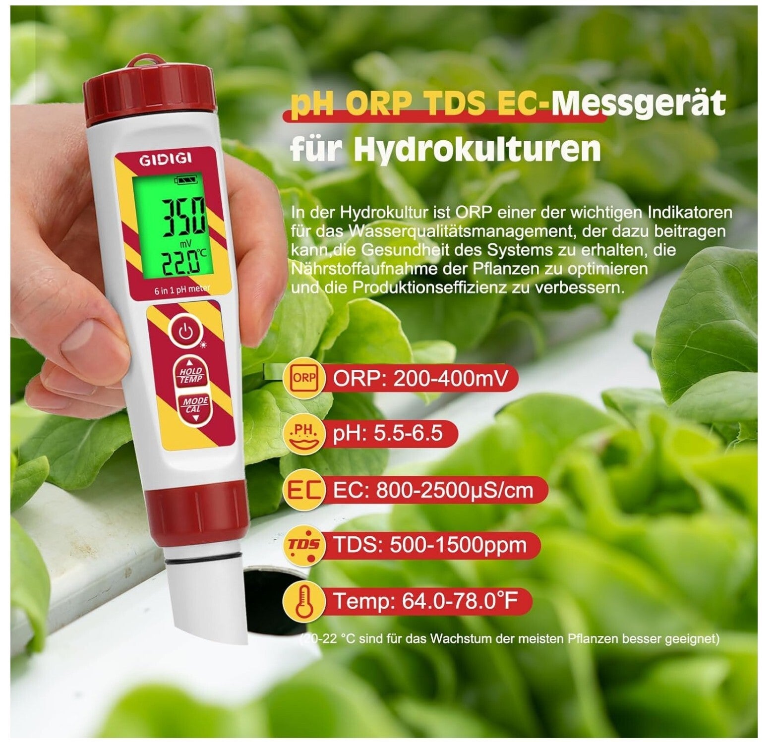 6-in-1 pH ORP Salzmessgerät Pool Aquarium TDS EC 222mV