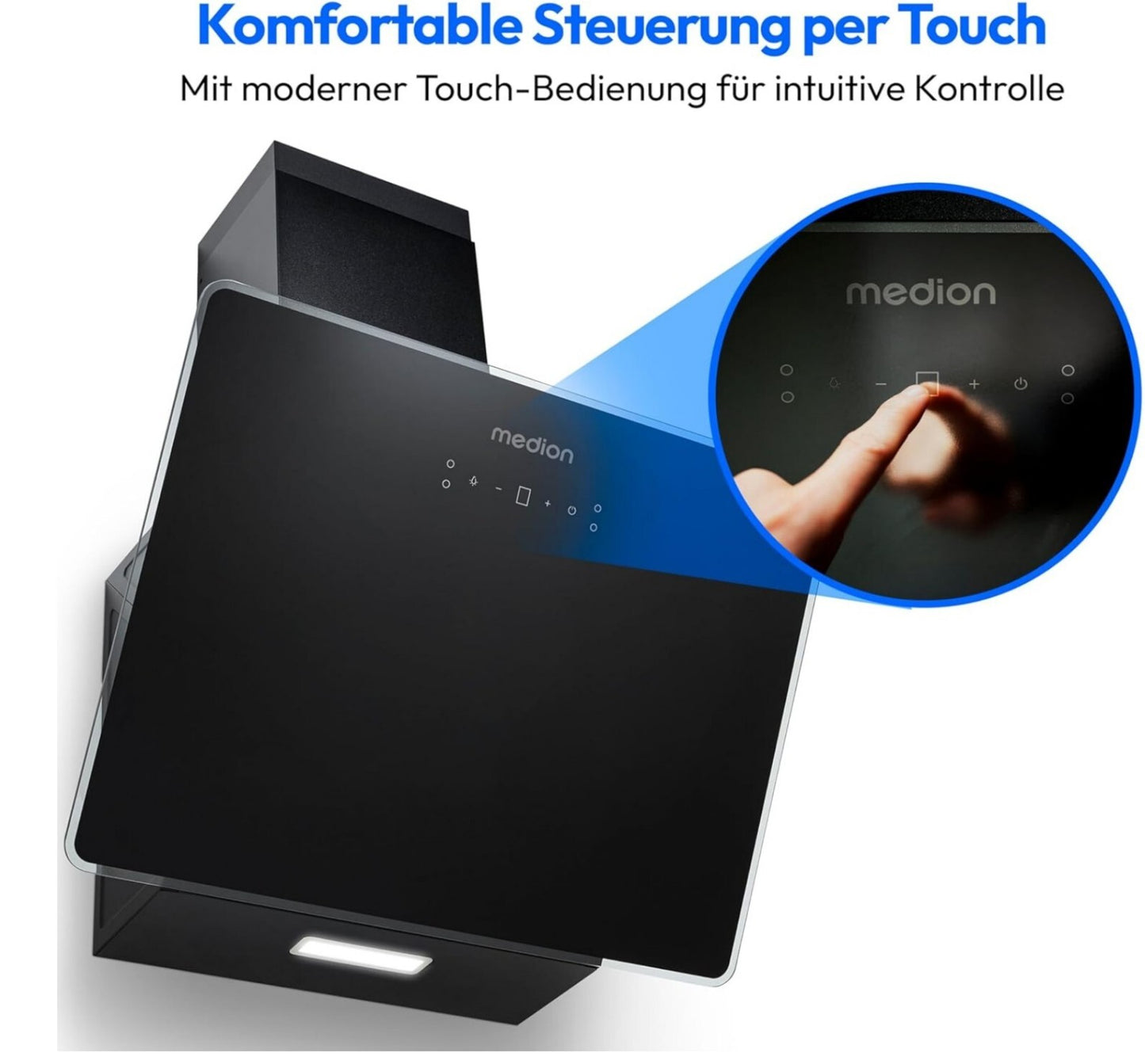 MEDION Kopffreie Dunstabzugshaube 60cm Glas 320m³/h Touch LED Schwarz