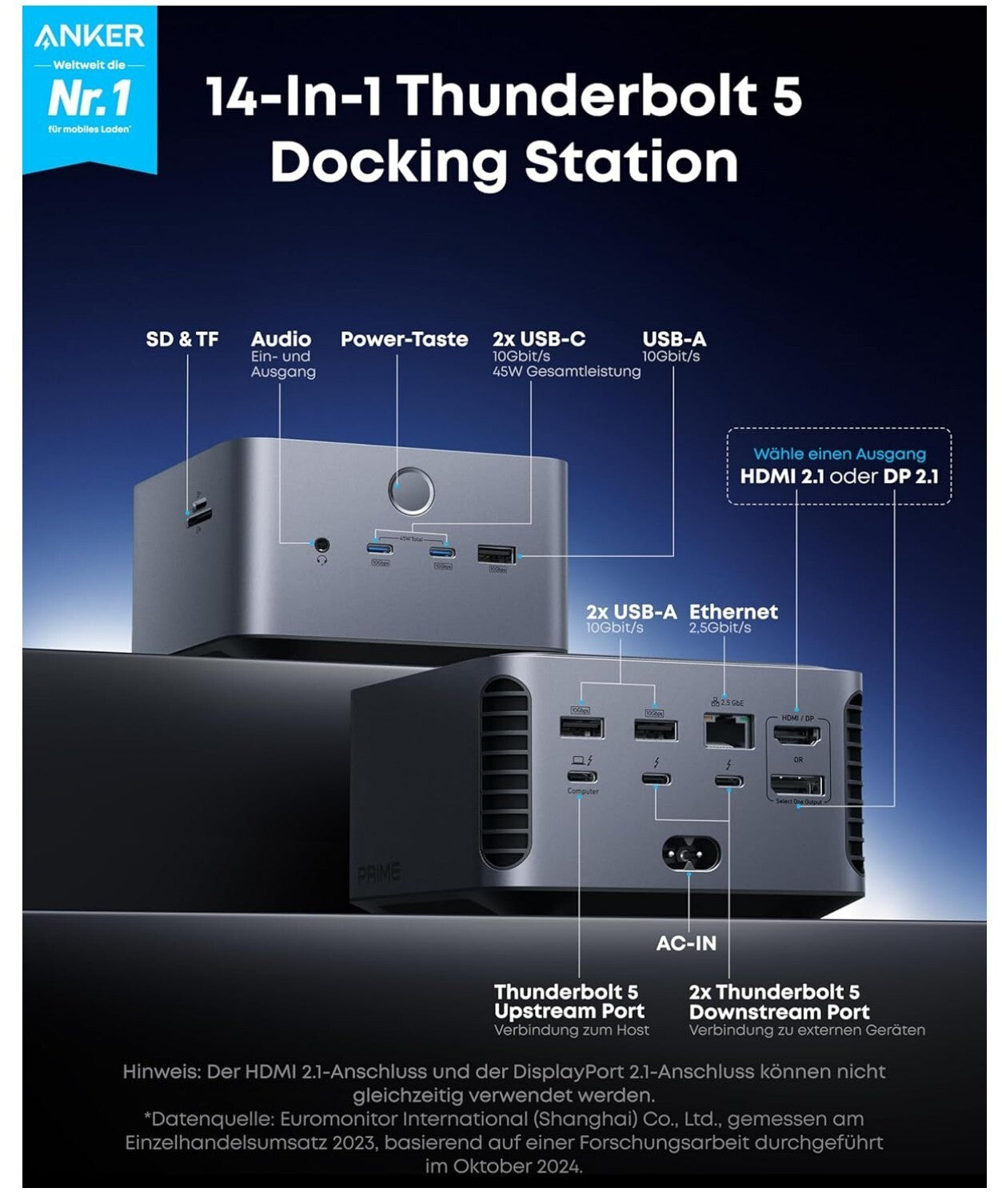 Anker Prime TB5 Docking Station 14 Ports Thunderbolt 5 8K 140W 120Gbps Grau