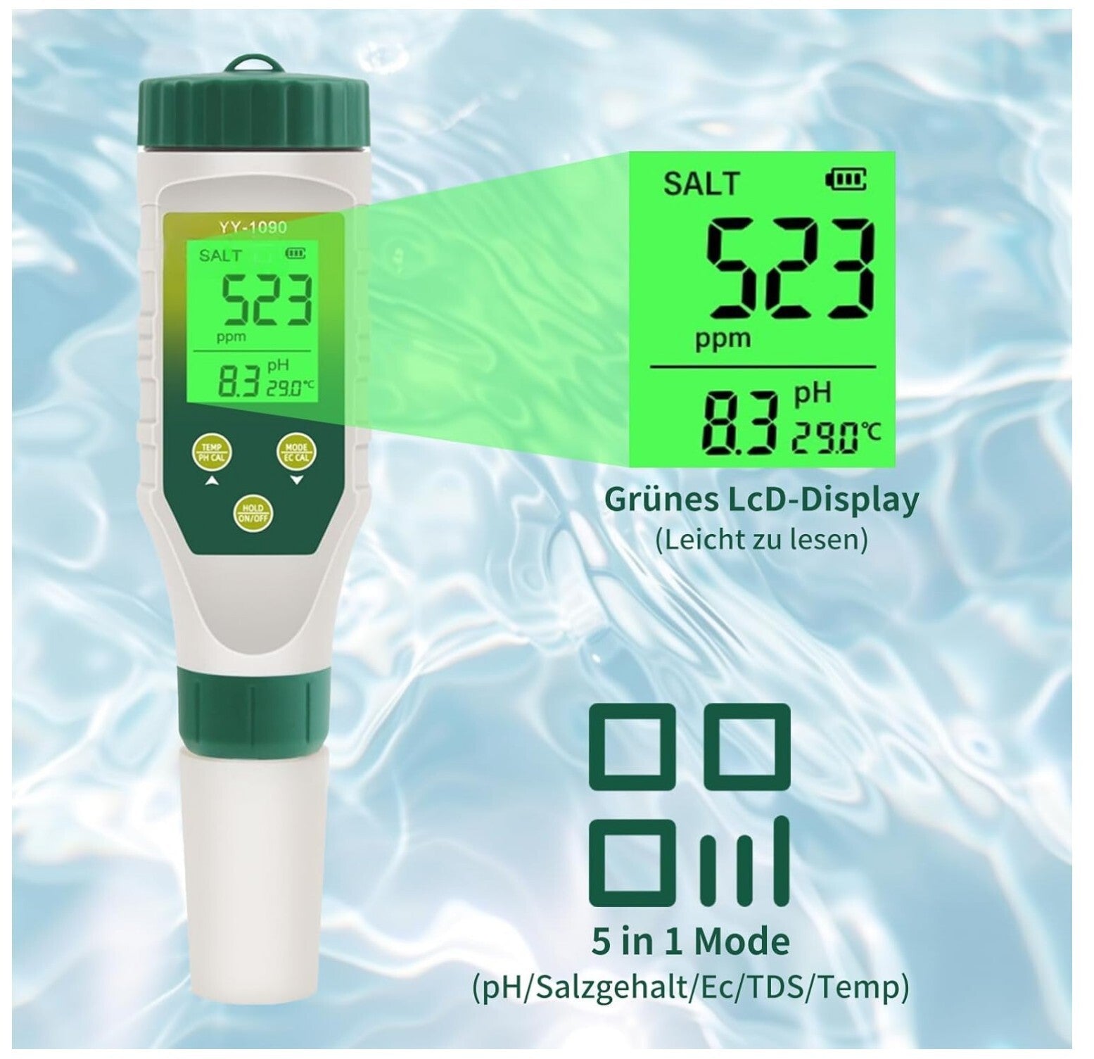 5-in-1 pH & Salzmessgerät für Pool, Aquarium, Hydroponik Neu