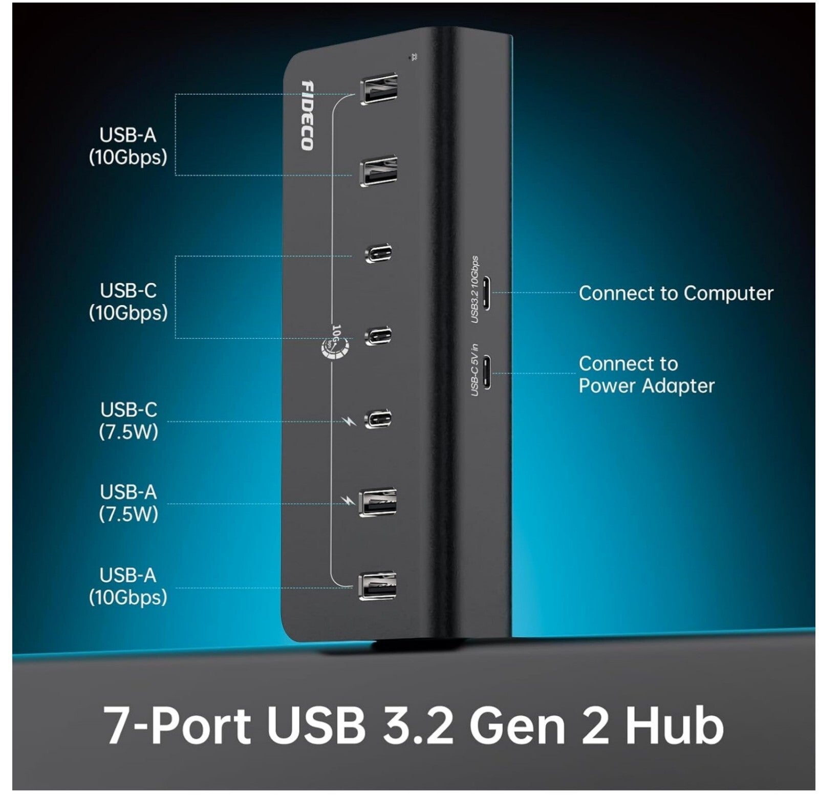 USB Hub 7 Port USB 3.2 Gen 2 10Gbit/s Aluminium mit Netzteil