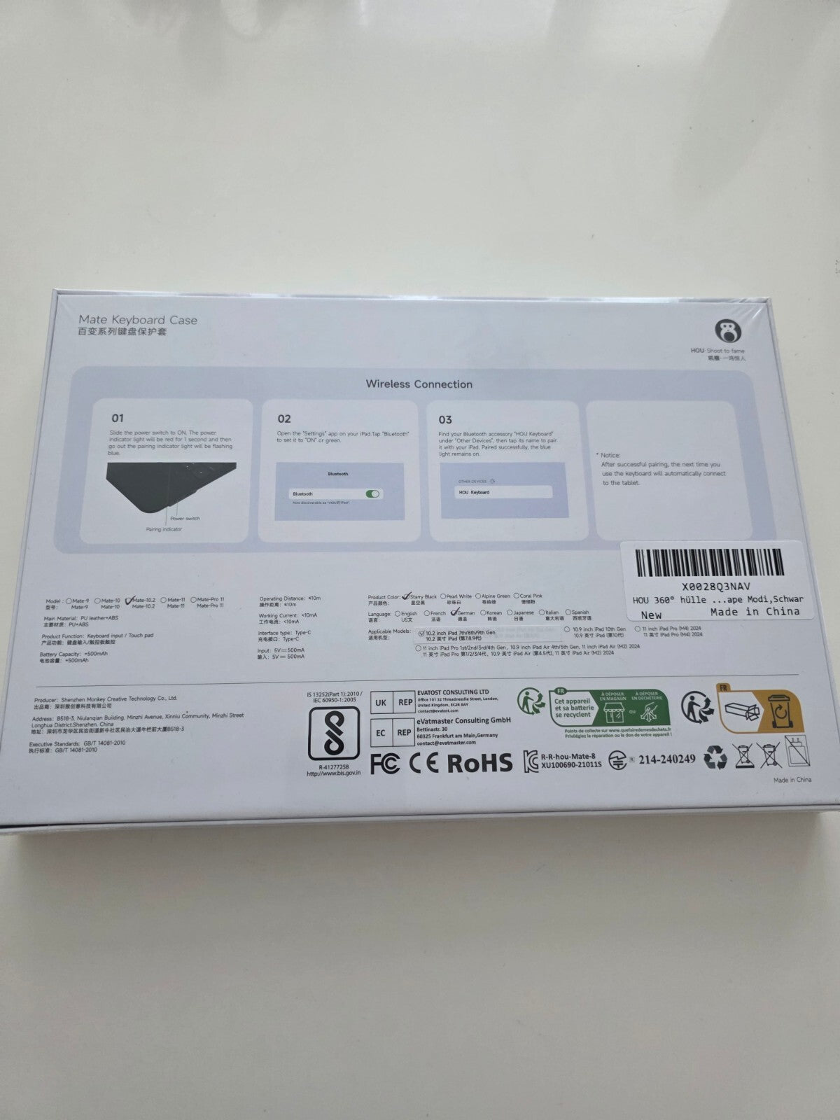 iPad 9/8/7 Gen 10.2" Tastatur Hülle 360° Drehbar Trackpad QWERTZ Schwarz
