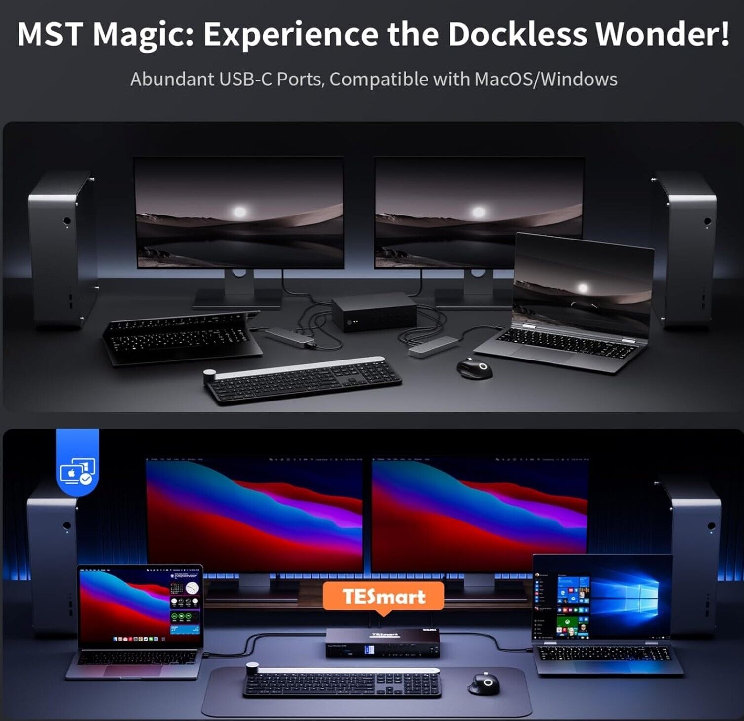 HDMI+USB-C MST KVM 4 PC 2 Monitore 1080P@240Hz/165Hz/144Hz/120Hz & 2560×1440@120
