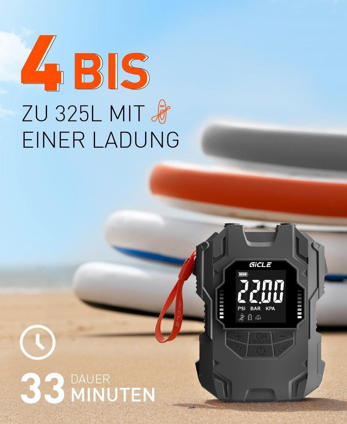 Elektrische SUP Pumpe 22PSI Akku 12V Auto-Off für Paddleboard Kajak