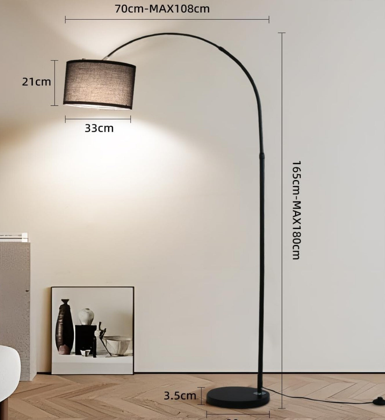 Bogenlampe Vintage Stoffschirm 33cm Schwarz LED E27 Fußschalter