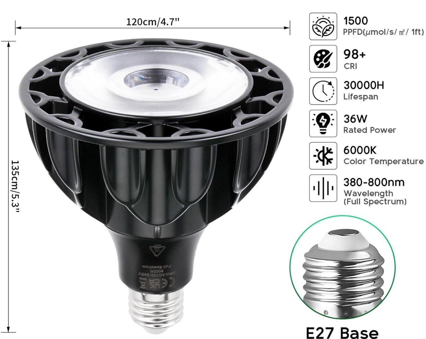 36W LED Pflanzenlampe - Vollspektrum, 6000K, Schwarz