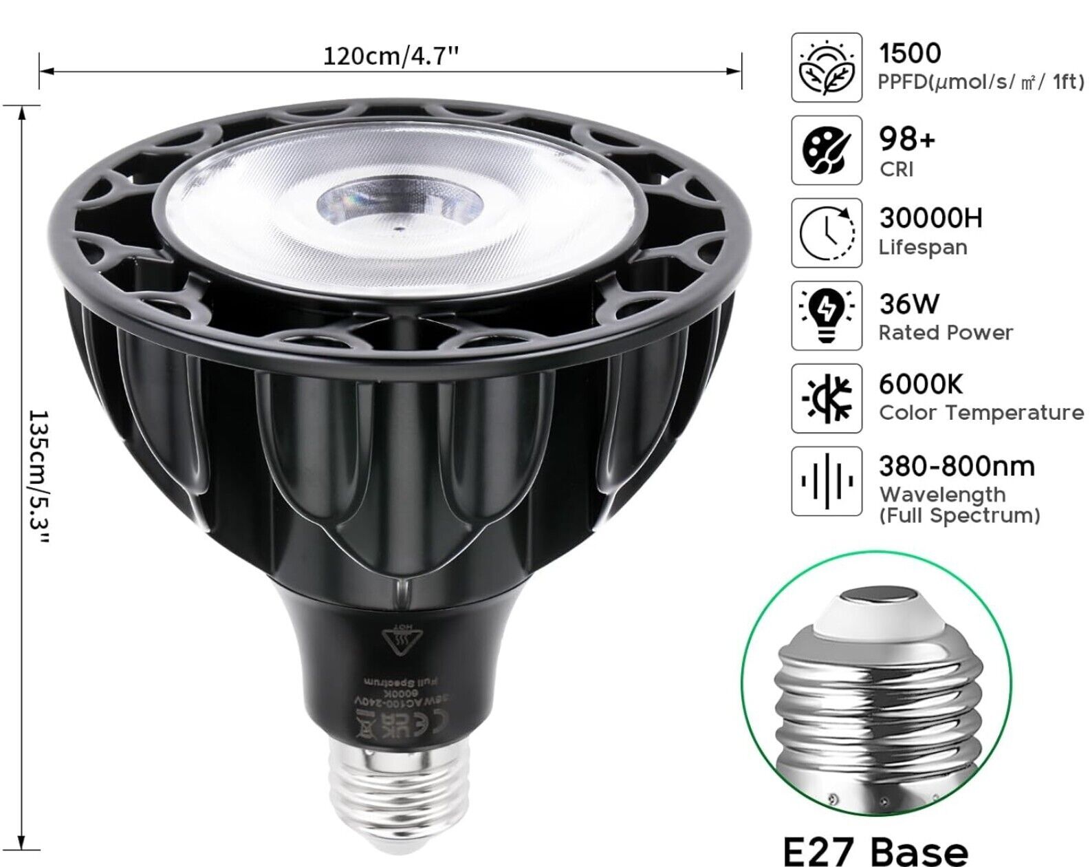 36W LED Pflanzenlampe - Vollspektrum, 6000K, Schwarz