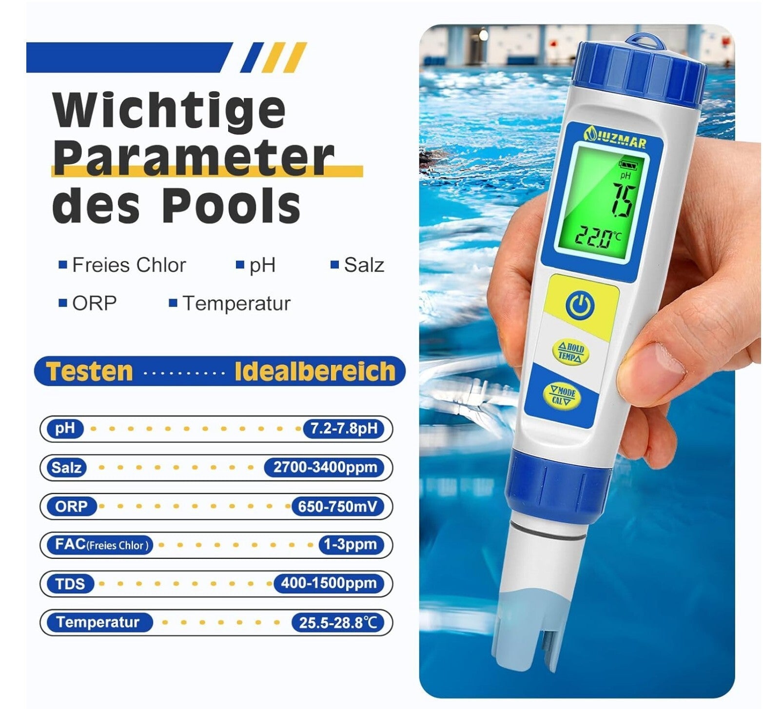 7-in-1 Pool Wassertester pH Chlor Salz ORP EC TDS Temp