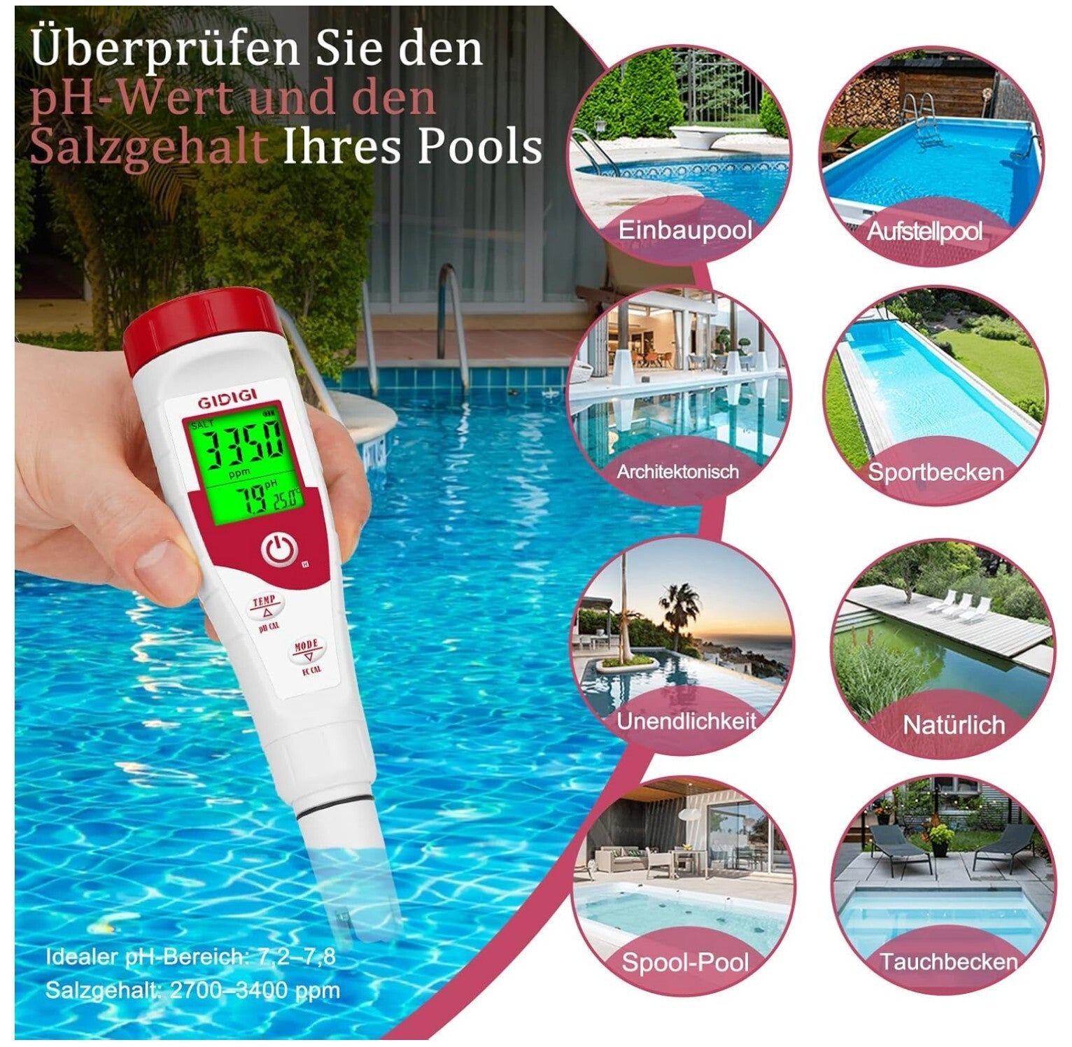 5-in-1 pH Salzmessgerät Pool TDS EC Tester Wasserdicht