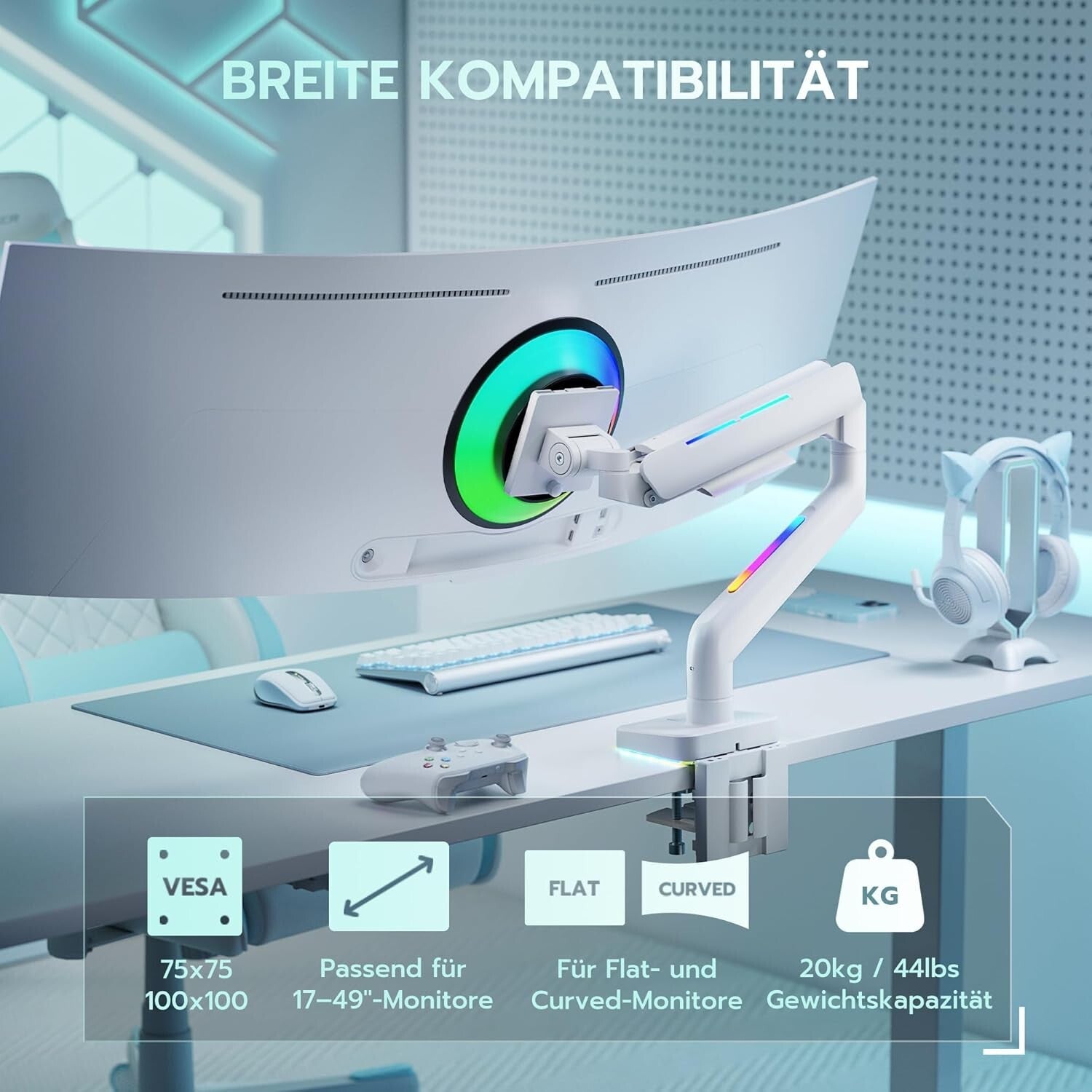 Ergonomische RGB Monitor Halterung Weiß 17-49 Zoll VESA 75/100 20kg