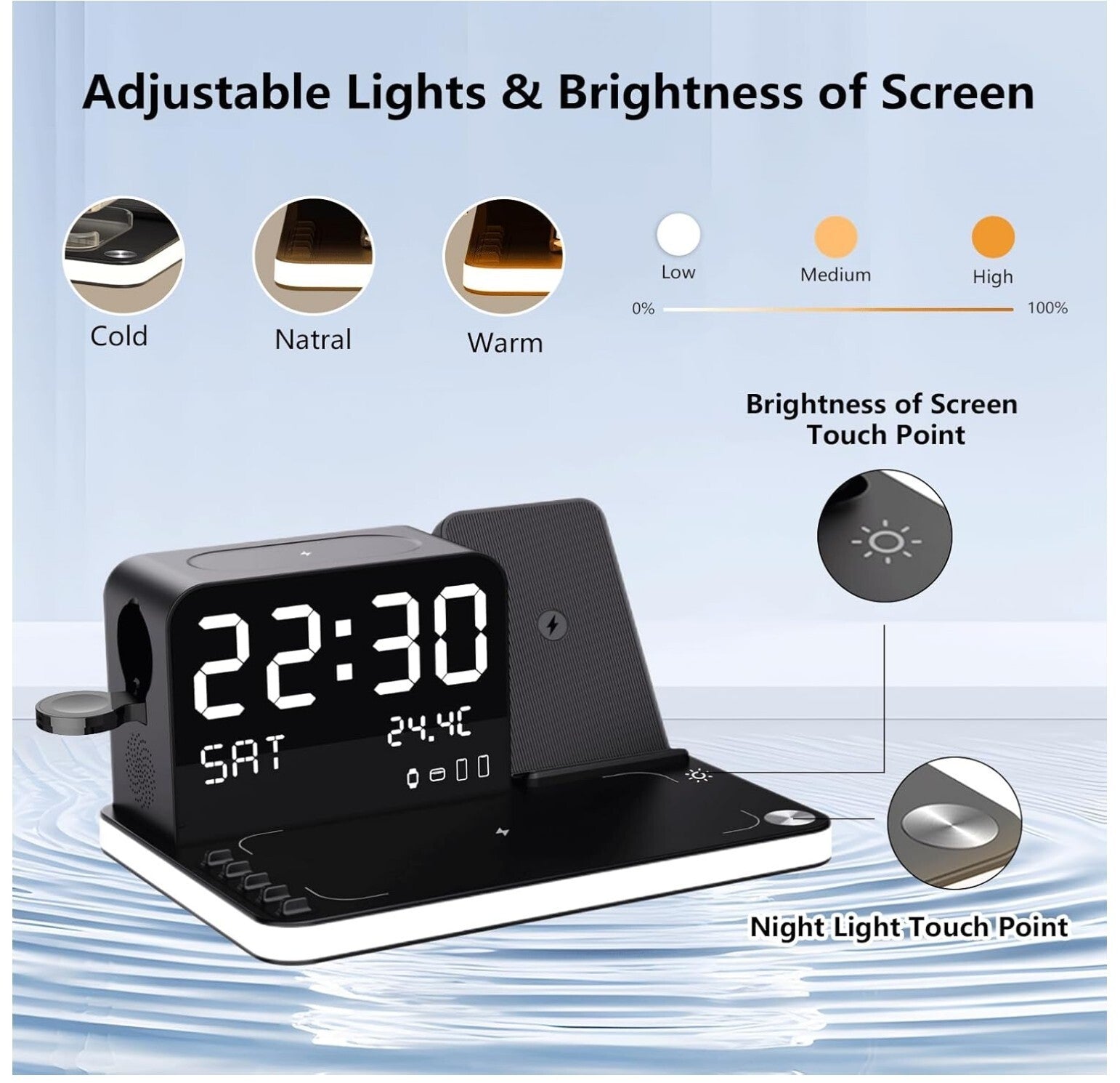 7-in-1 Wireless Ladestation mit Smart-Clock & Nachttischlicht Schwarz