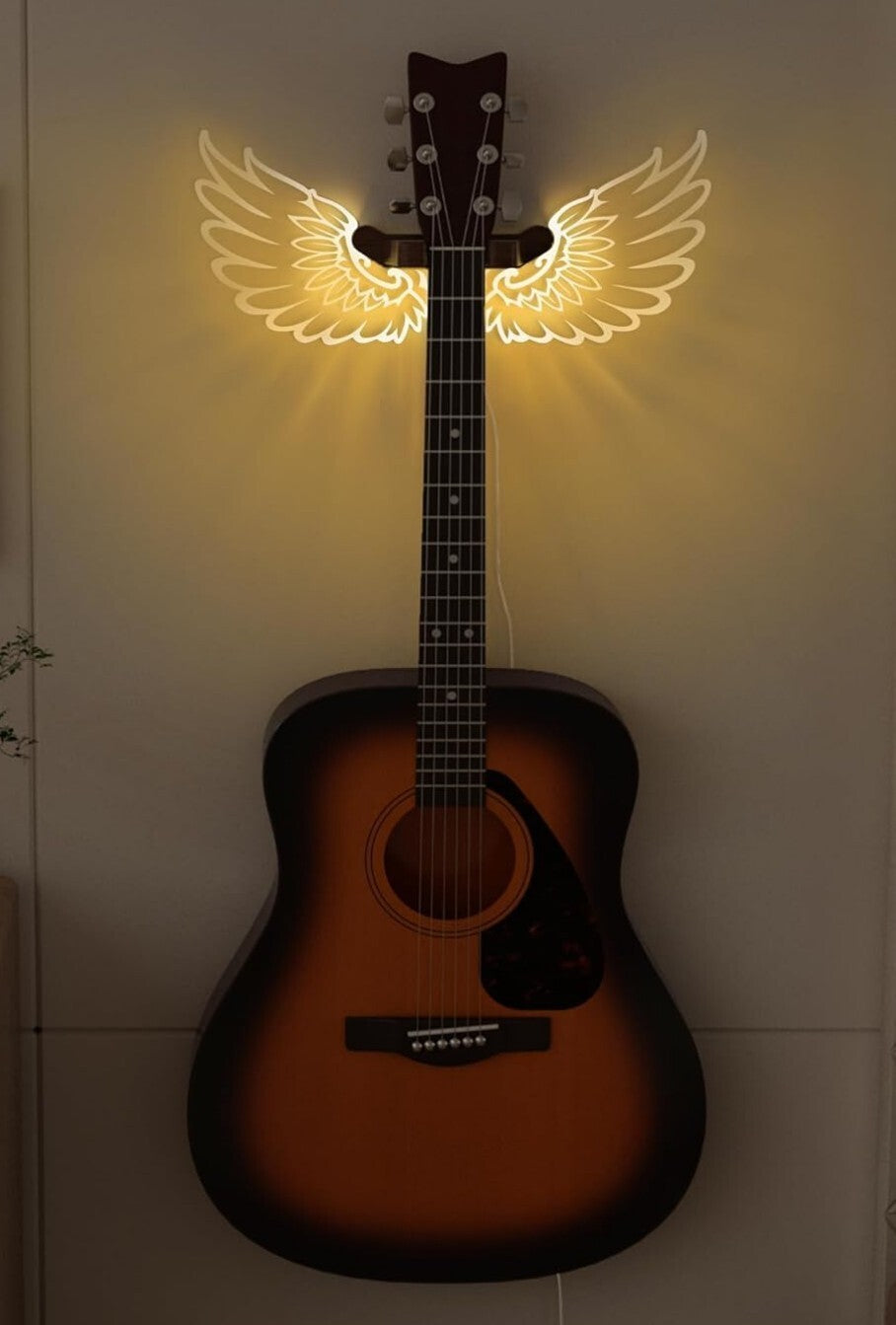 Gitarren Wandhalterung LED Engelsflügel Holz Acryl USB