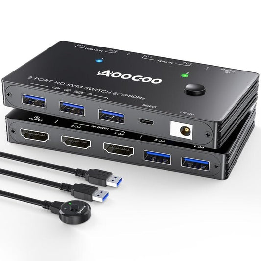 HDMI 2.1 KVM Switch 8K@60Hz USB 3.0 für 2 PC 1 Monitor mit Kabelfernbedienung