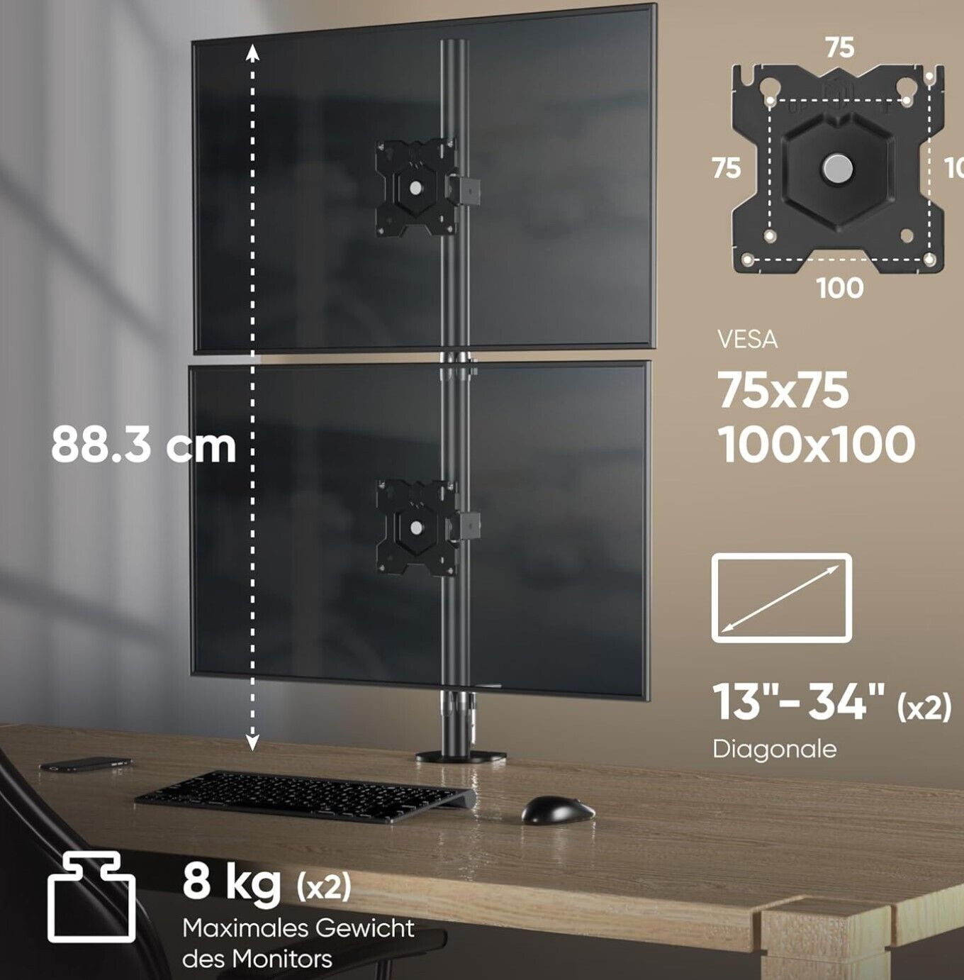 Dual Monitor Halterung für 13-34 Zoll Bildschirme bis 8 kg (x2), Doppel Monitorh