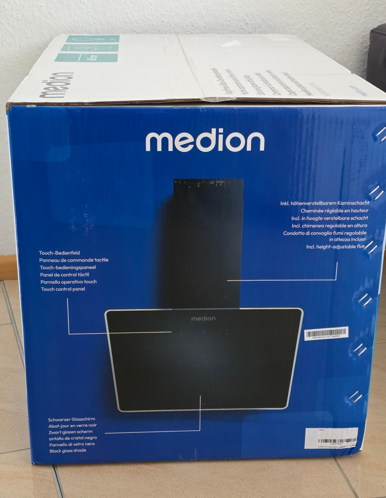 MEDION Kopffreie Dunstabzugshaube 60cm Glas 320m³/h Touch LED Schwarz