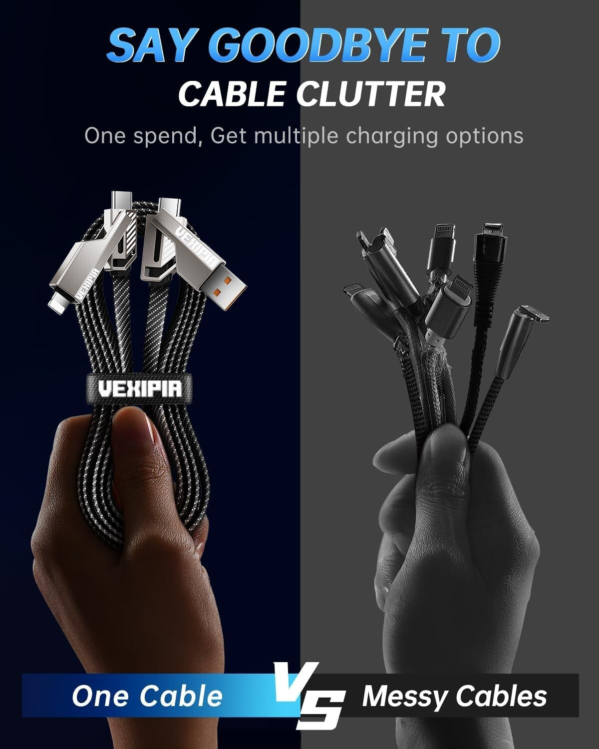 4-in-1 USB-C Kabel 1.5m 180W Light /Typ-C/USB-A Nylon